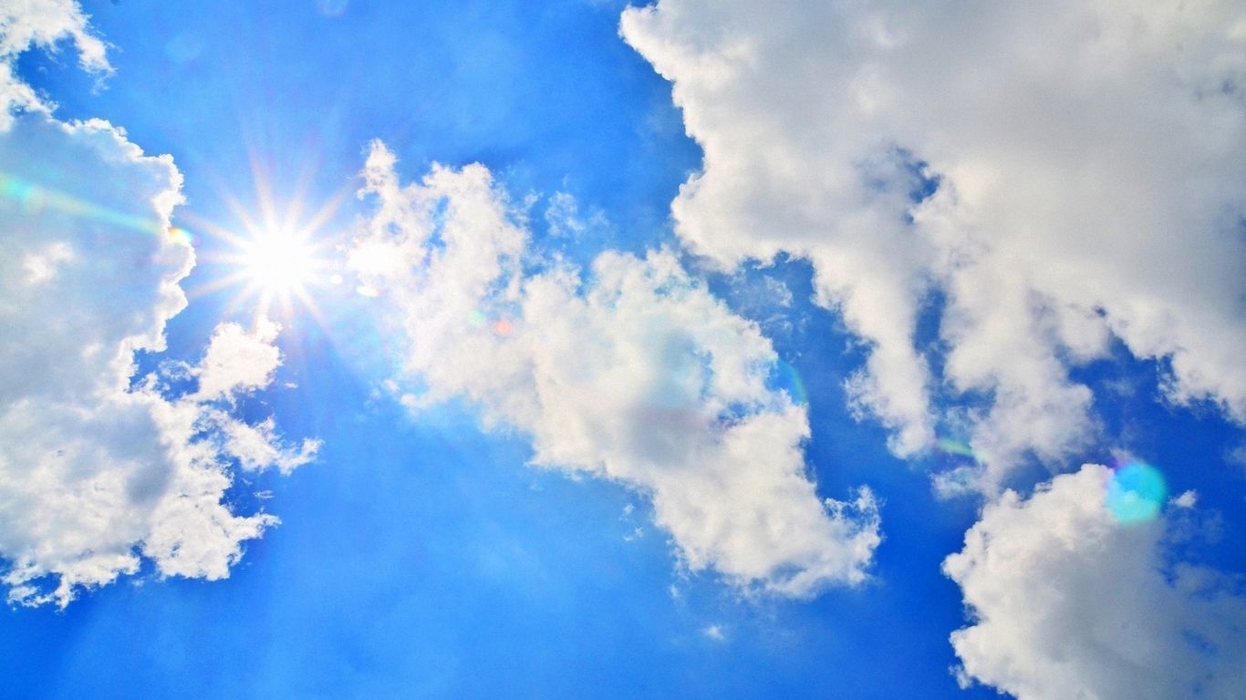 1370x770 Download wallpaper  blue sky, sun, light, clouds, day, air, Desktop