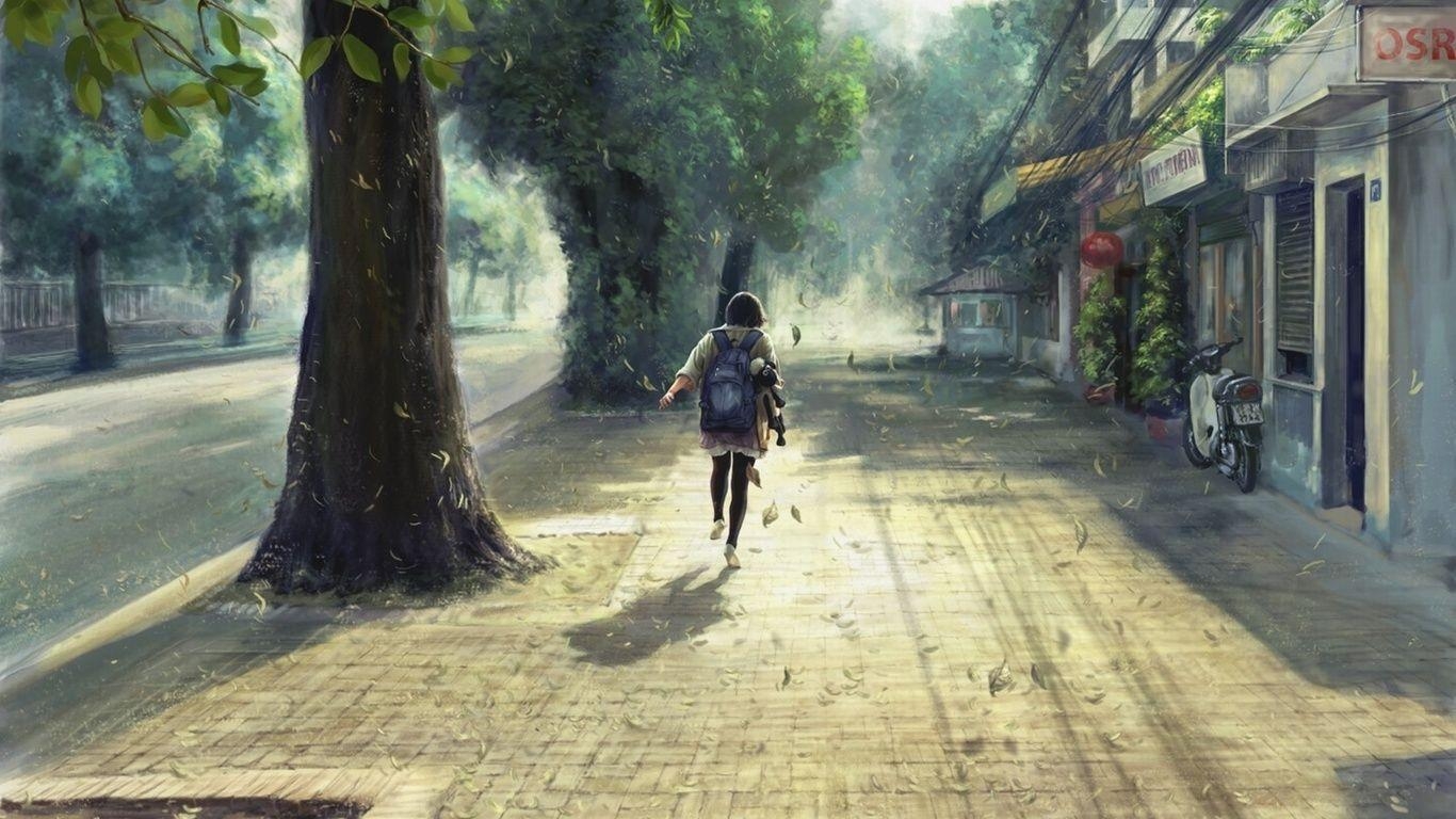 1370x770 Street, Day, Girl, The Wind, Backpack, Leaves Wallpaper, Desktop