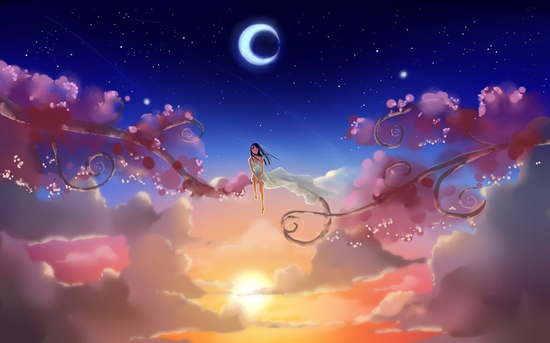 1920x1200 clouds, Sun, artwork, anime, skyscapes, crescent moon wallpaper, Desktop