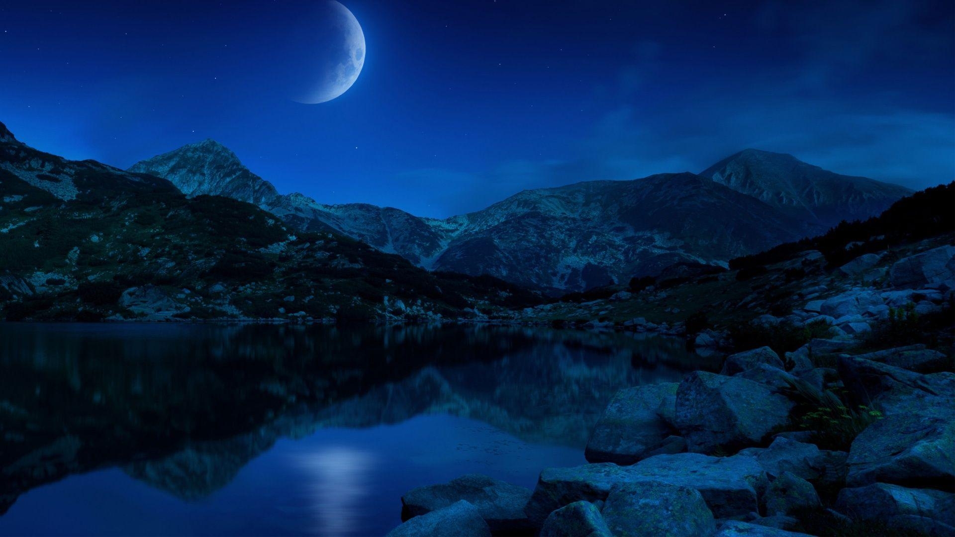 1920x1080 Night Half Moon Mountains Lake Bulgaria Wallpaper in jpg format, Desktop