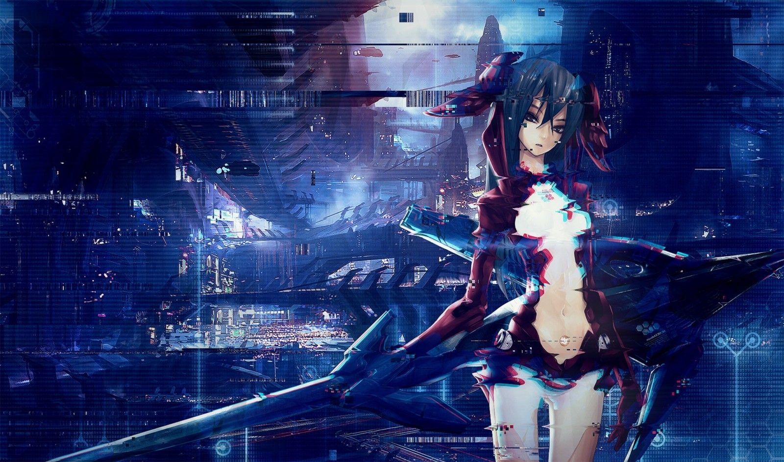 1600x950 anime, anime girls, glitch art, guitarist, performance, stage, darkness, screenshot, concert, computer wallpaper, musical theatre, Desktop