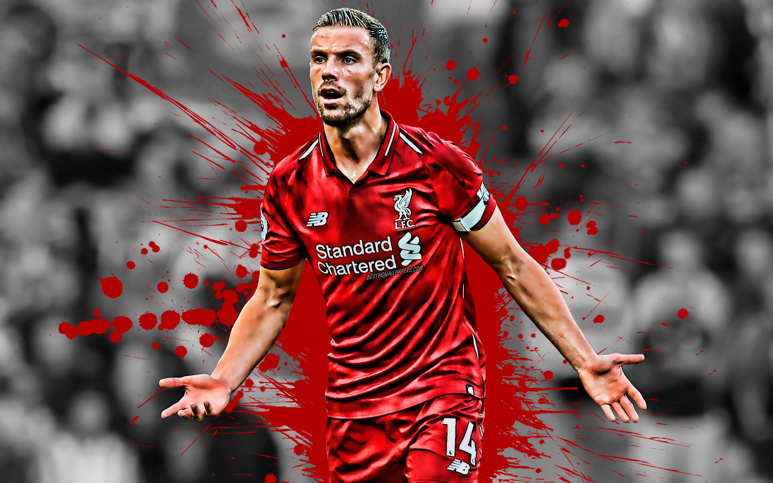 2560x1600 Download wallpaper Jordan Henderson, 4k, English football player, Liverpool FC, midfielder, red paint splashes, creative art, Premier League, England, football, grunge, Henderson for desktop with resolution. High Quality HD picture wallpaper, Desktop