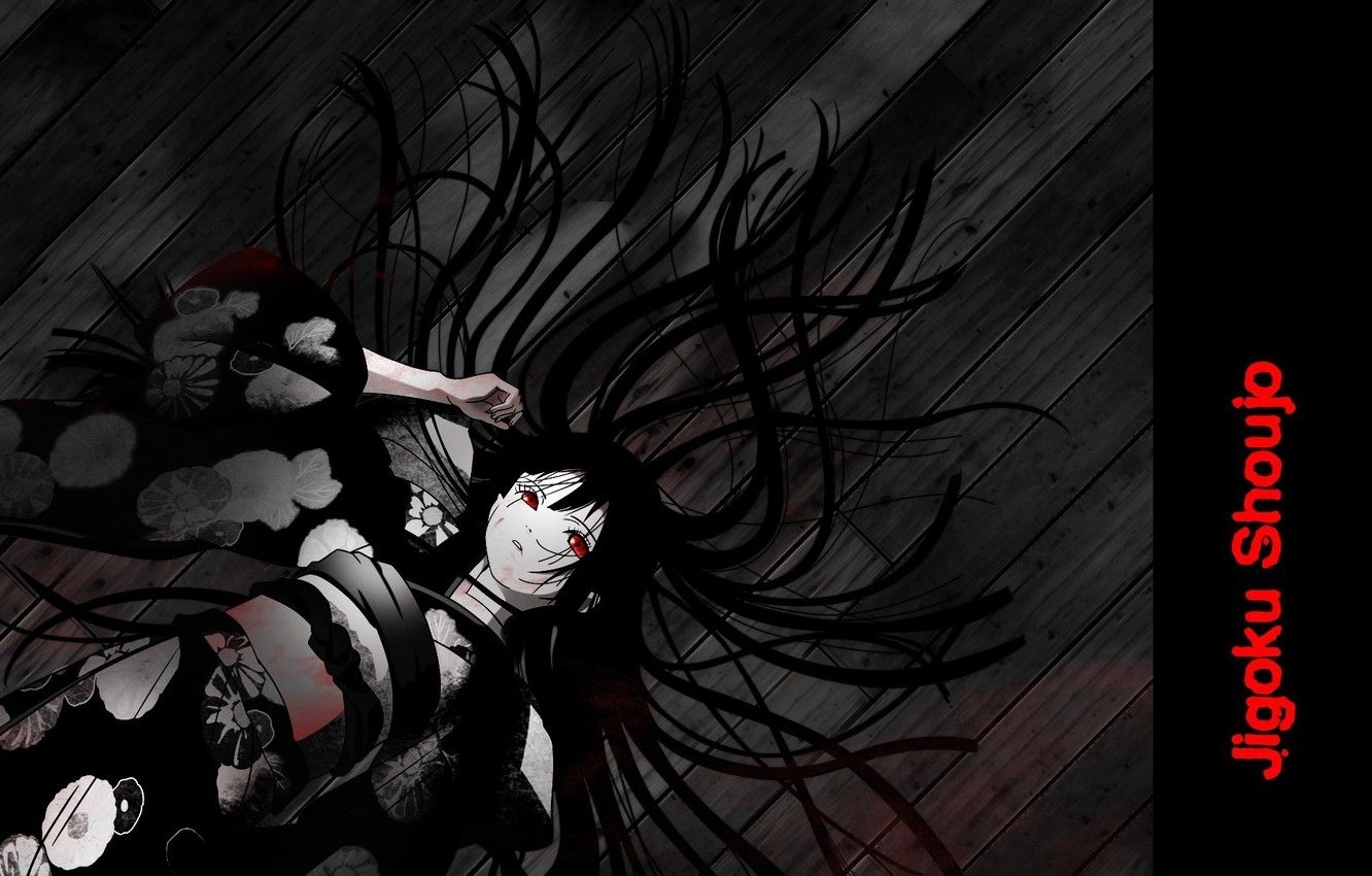 1340x850 Wallpaper red eyes, lying on the floor, Enma Ai, Jigoku Shoujo, Hell girl, Hell girl, feathered hair image for desktop, section сёнэн, Desktop