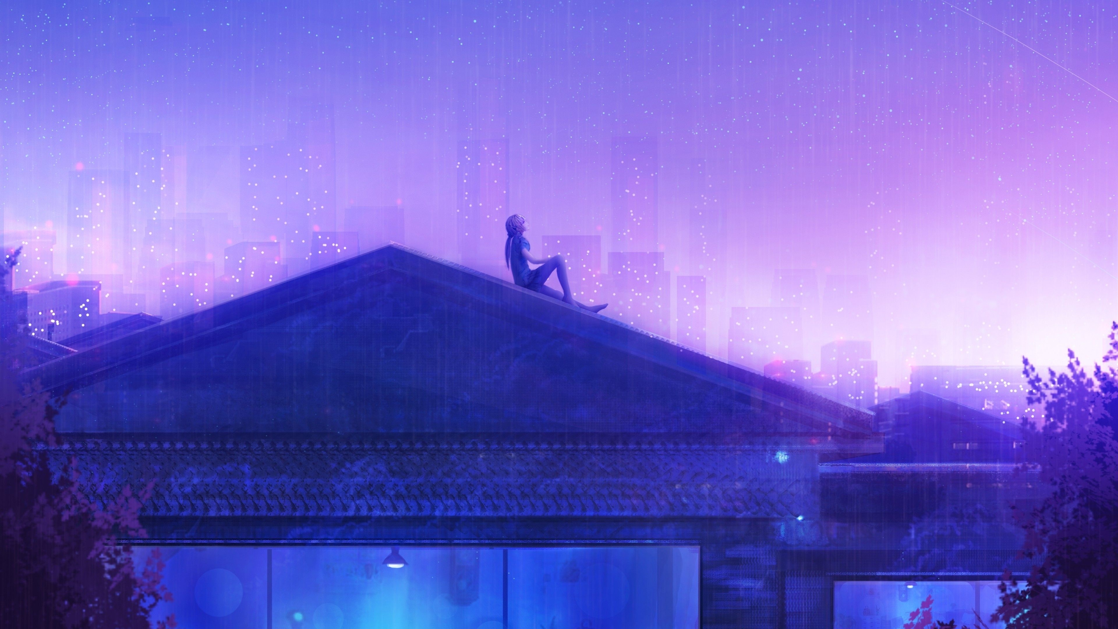 3840x2160 Download  Anime Girl, Rooftop, Stars, Raining, Buildings, Desktop