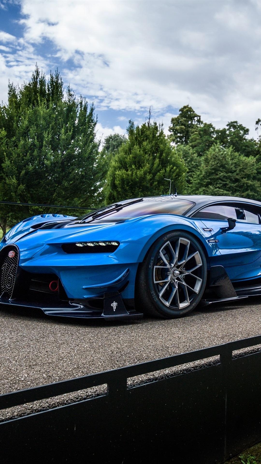 1080x1920 Bugatti Vision Gran Turismo blue hypercar, road, clouds, Phone