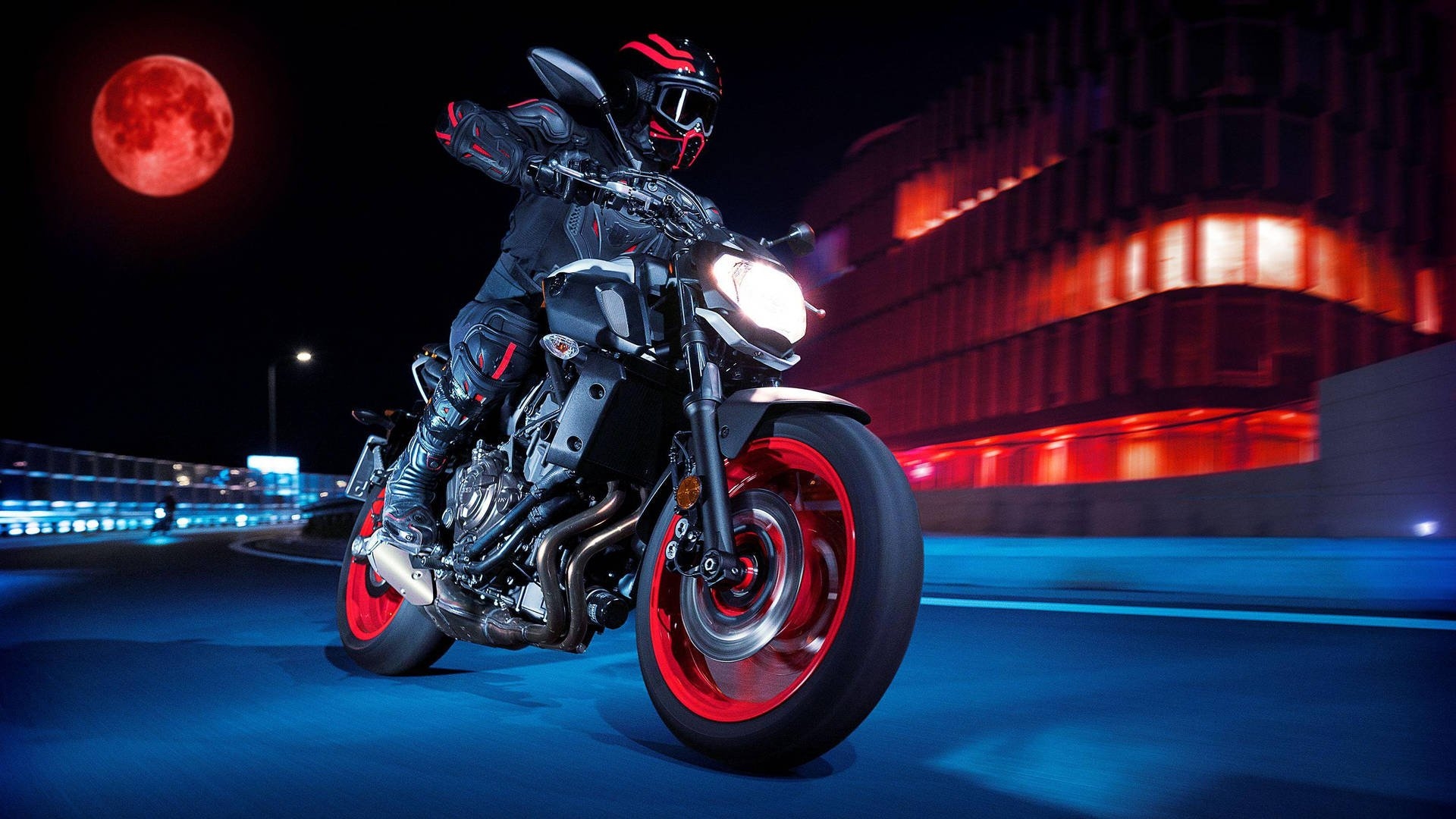 1920x1080 Download Rider With Black Yamaha MT 15 Under The Red Moon Wallpaper, Desktop