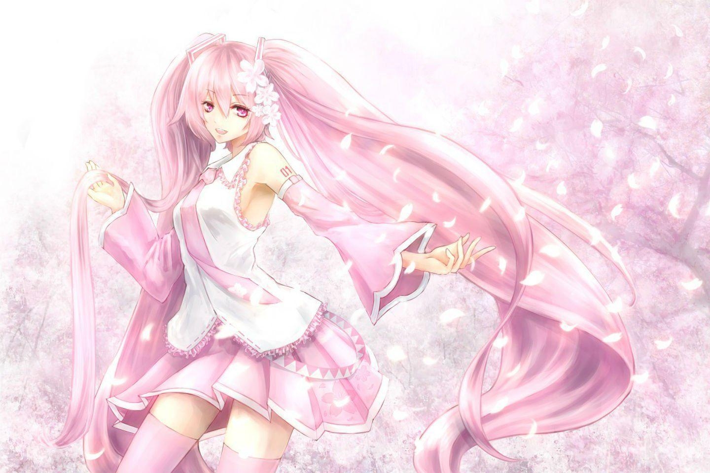 1440x960 Hatsune miku long hair mia (yanaginiame) petals pink eyes pink, Desktop