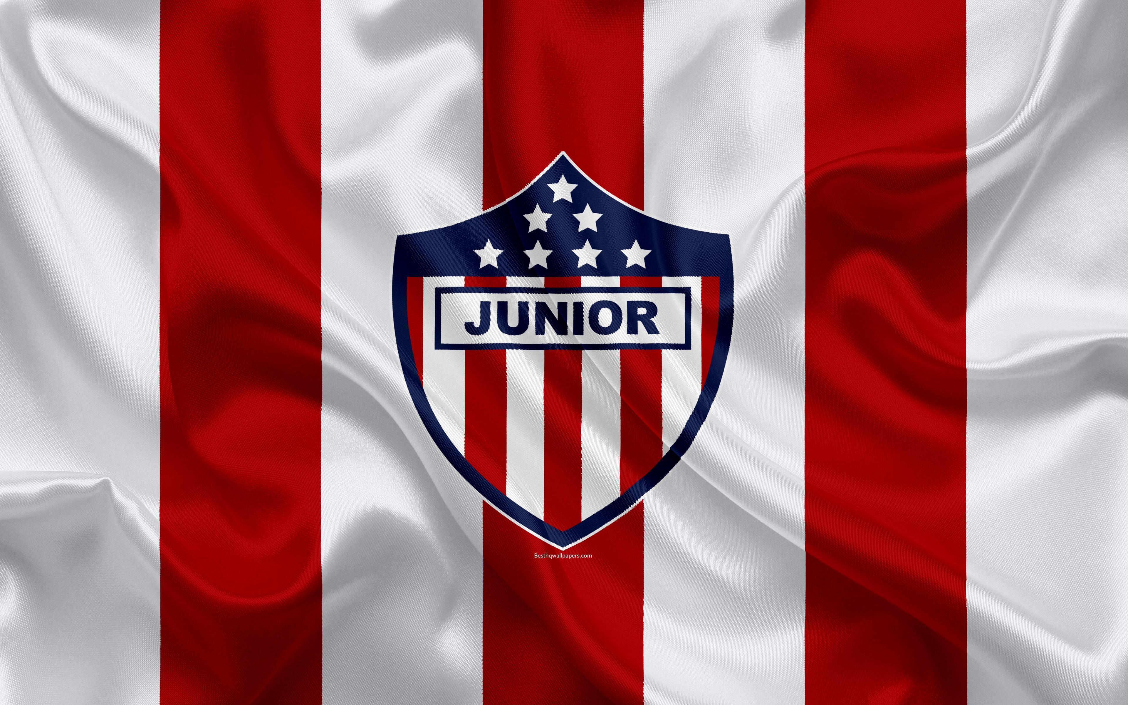 3840x2400 Download wallpaper Club Deportivo Popular Junior, Atletico Junior FC, 4k, logo, Colombian football club, silk texture, red white flag, Categoria Primera A, Barranquilla, Colombia, football, Liga Aguila for desktop with resolution, Desktop