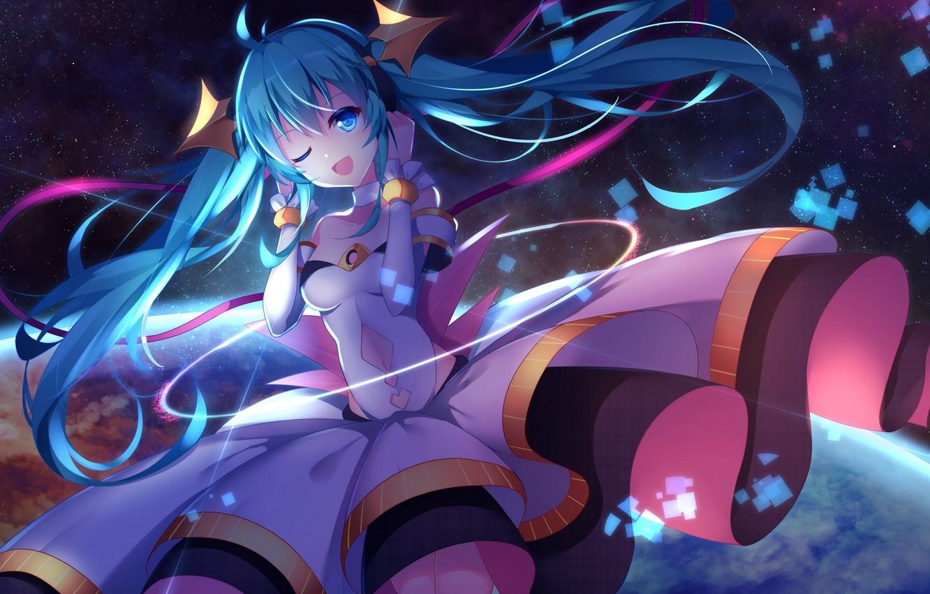 1340x850 Wallpaper space, anime, girl, vocaloid, hatsune miku image, Desktop