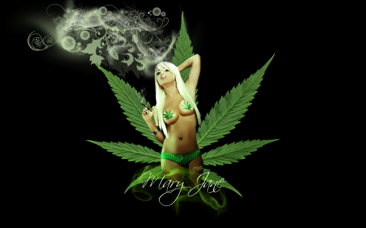 1280x800 Marijuana Ganja Girl Sitting on Pot Leaf, Desktop