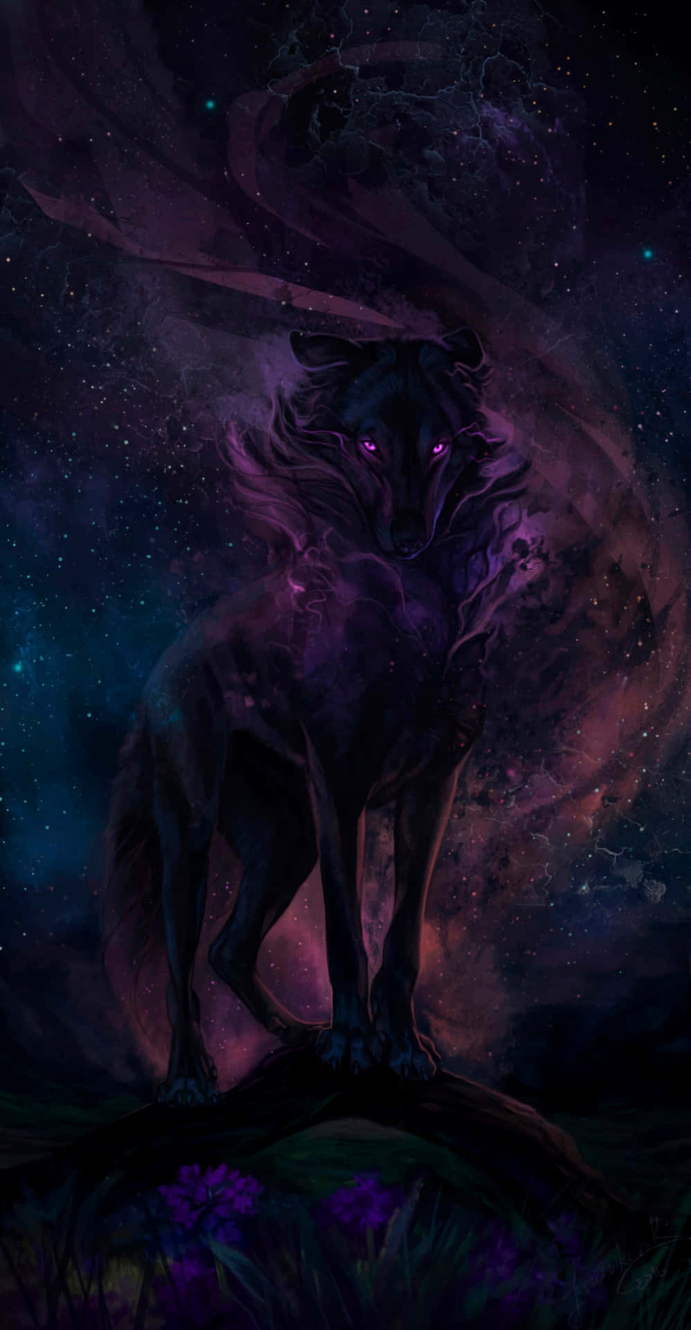 1000x1920 Download A Black Wolf Standing On A Branch With Purple Stars Wallpaper, Phone