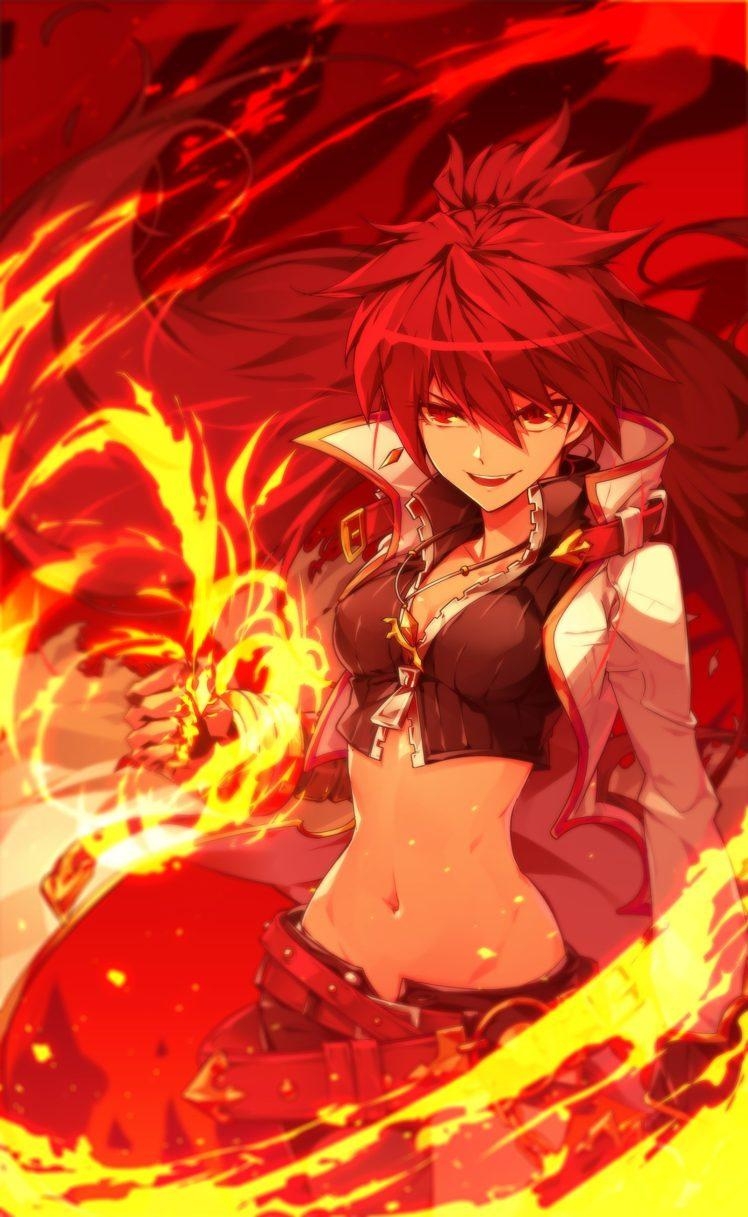 750x1220 Elsword, Elesis (elsword), Long hair, Jewelry, Fire, Magic, Red, Phone