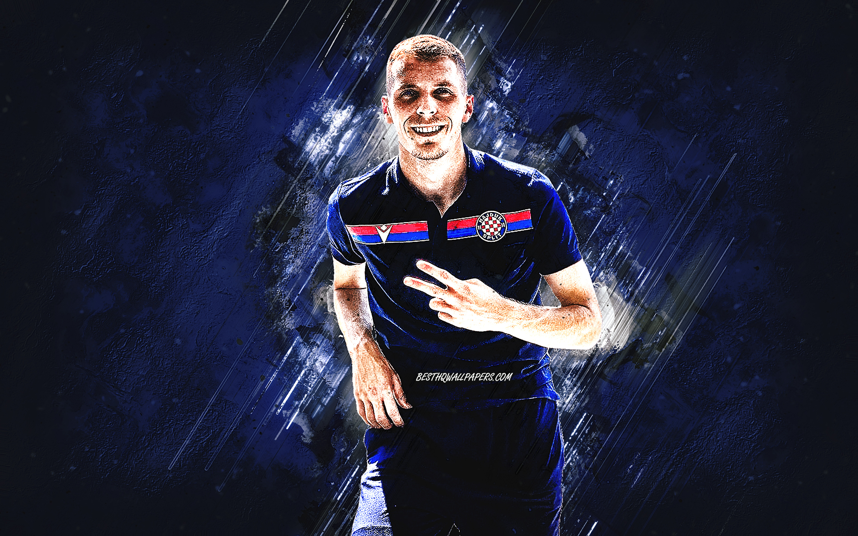 2880x1800 Download wallpaper Emir Sahiti, HNK Hajduk Split, Albanian footballer, blue stone background, football, grunge art, Croatia for desktop with resolution. High Quality HD picture wallpaper, Desktop