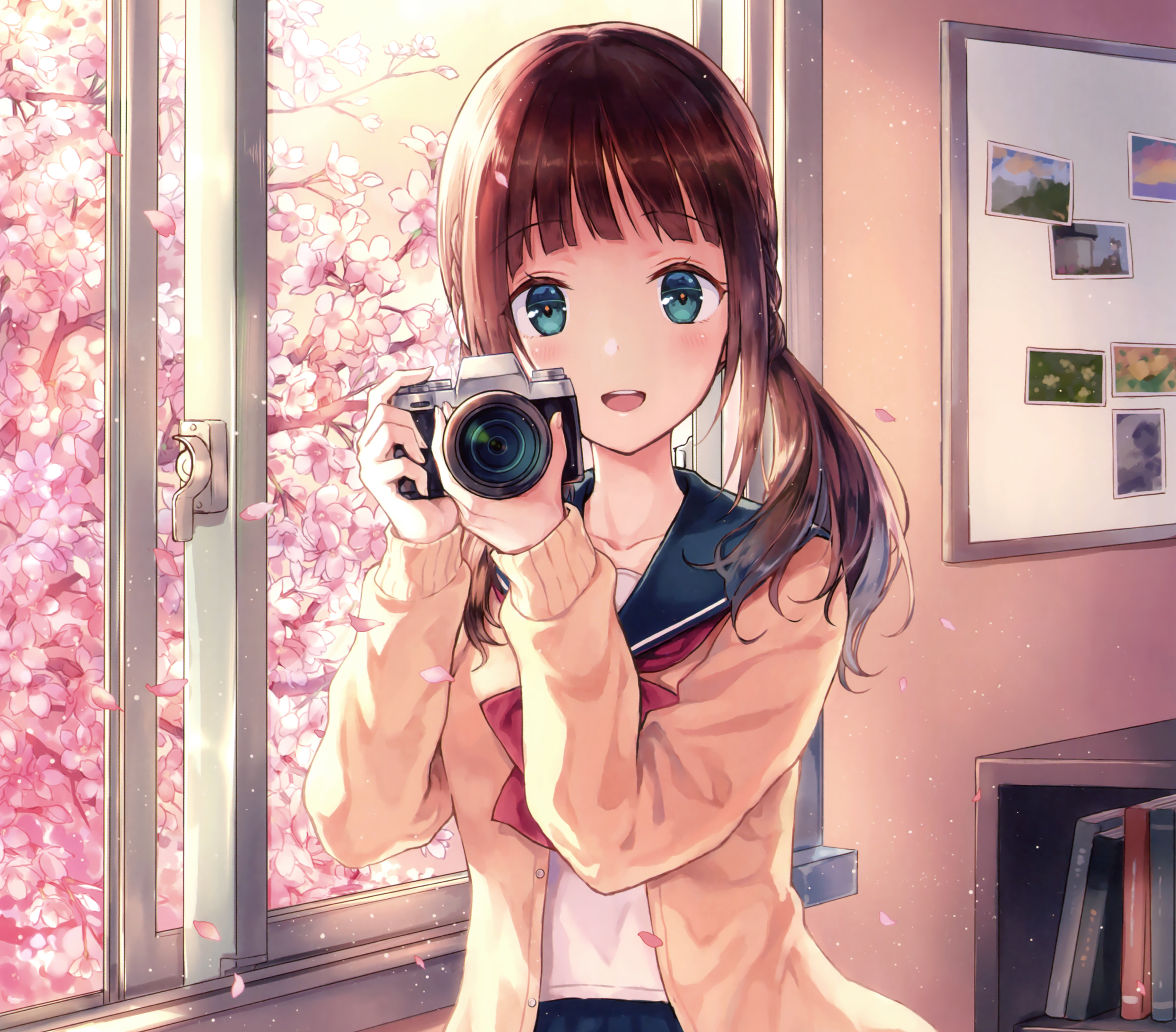 2490x2190 Wallpaper, anime girls, original characters, brunette, twintails, camera, green eyes, cherry blossom, school uniform, smiling, artwork, Desktop