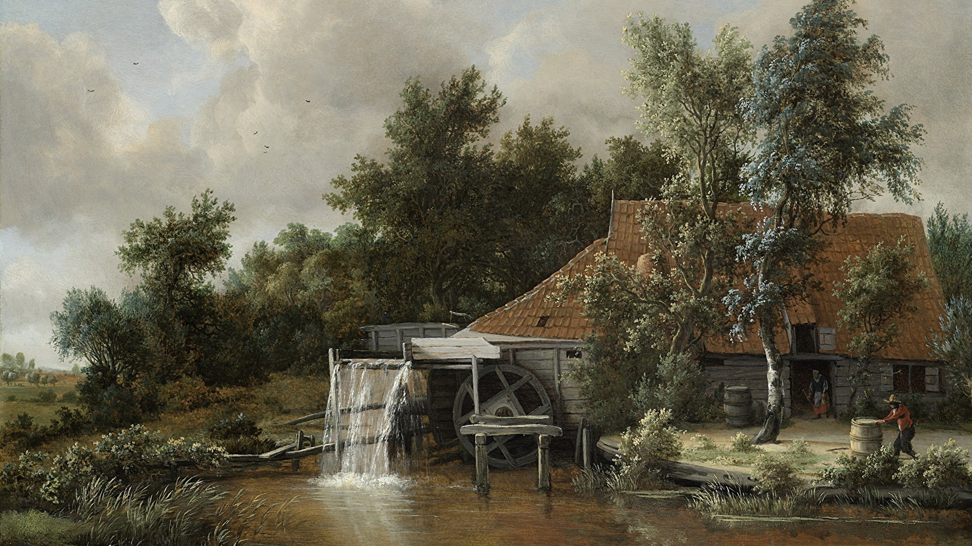 1920x1080 Wallpaper water mill Meindert Hobbema, A Watermill, Desktop