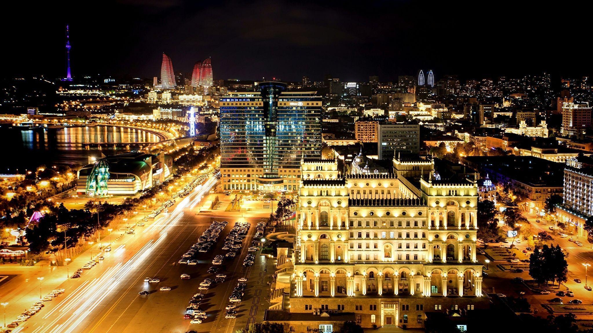 2050x1160 Wallpaper Baku Azerbaijan night time Cities Building, Desktop