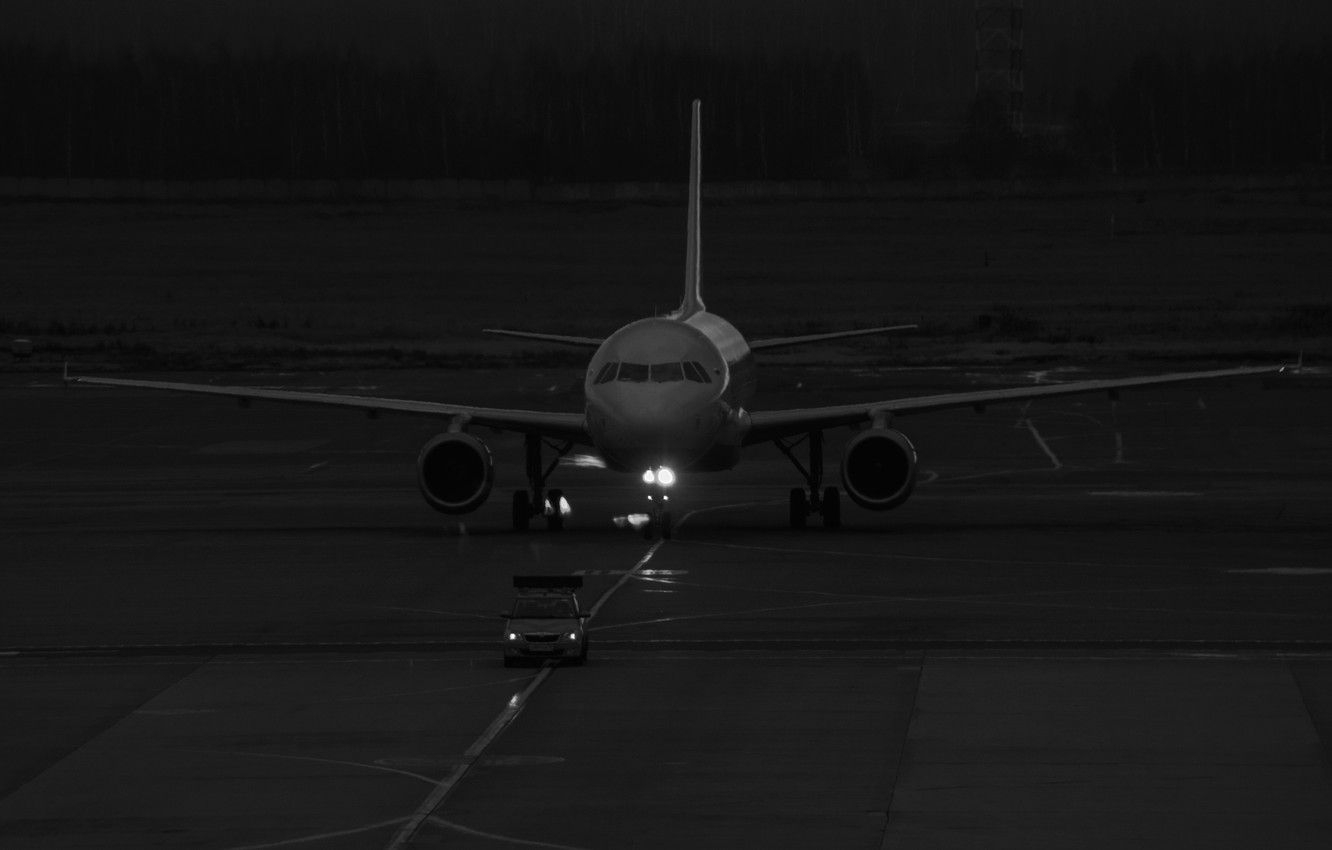 1340x850 Wallpaper moscow, runway, the plane, turbines, black and white, Desktop