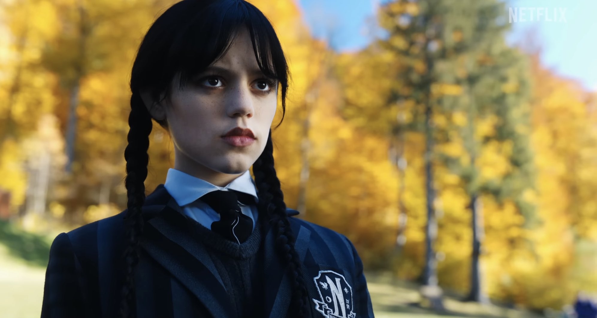2000x1070 Addy Carter image of Jenna Ortega as Wednesday Addams in Netflix's Wednesday series. Coming soon, Desktop