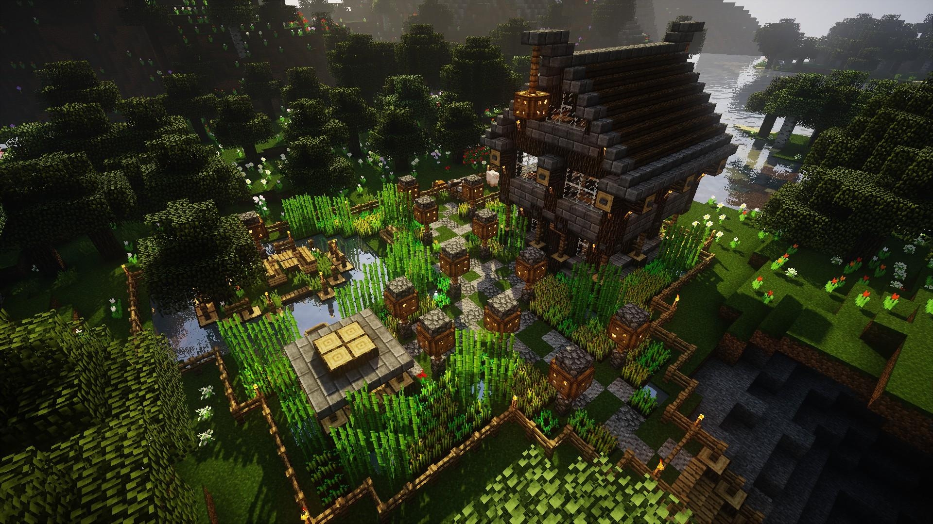 1920x1080 Wallpaper, Minecraft, video games, farm, house, forest, oak trees, Desktop