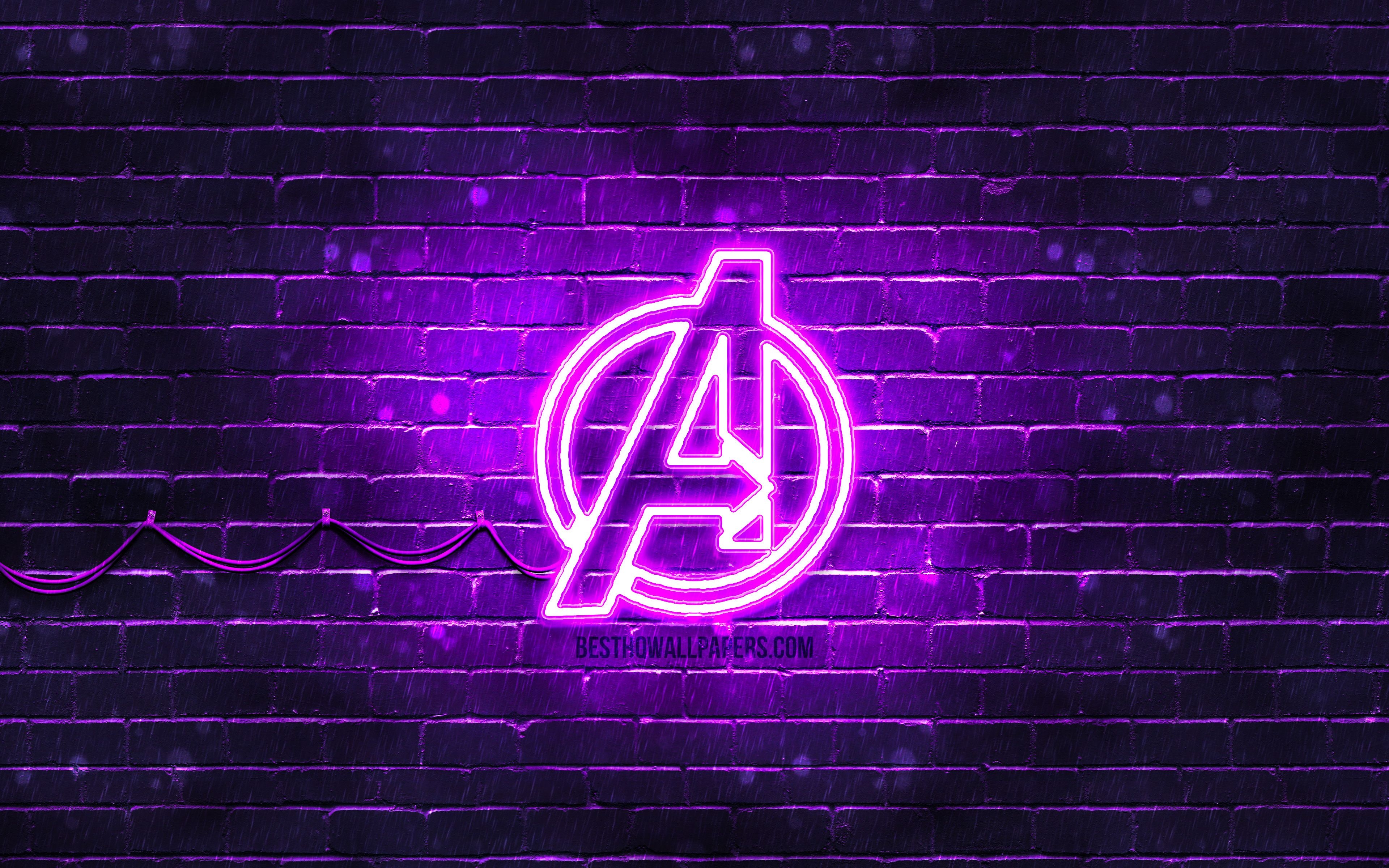 3840x2400 Download wallpaper Avengers violet logo, 4k, violet brickwall, Avengers logo, superheroes, Avengers neon logo, Avengers for desktop with resolution. High Quality HD picture wallpaper, Desktop