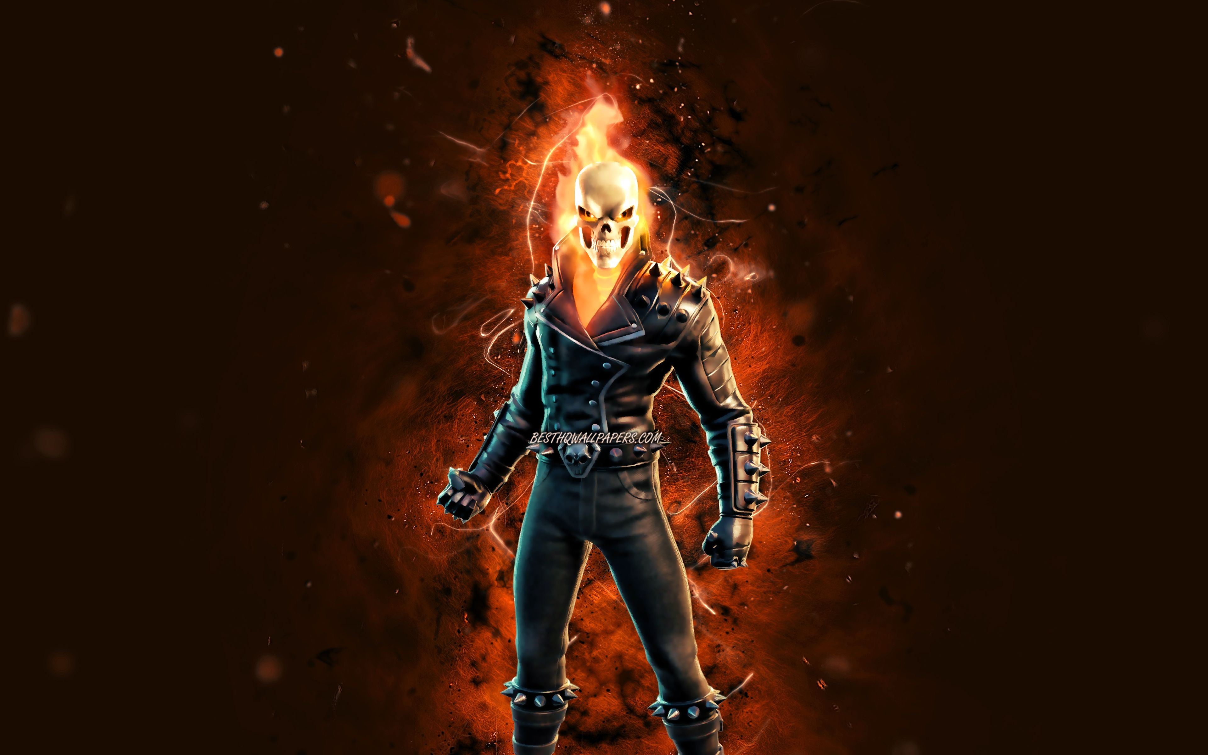 3840x2400 Download wallpaper Ghost Rider, 4k, orange neon lights, Fortnite Battle Royale, Fortnite characters, Ghost Rider Skin, Fortnite, Ghost Rider Fortnite for desktop with resolution. High Quality HD picture wallpaper, Desktop