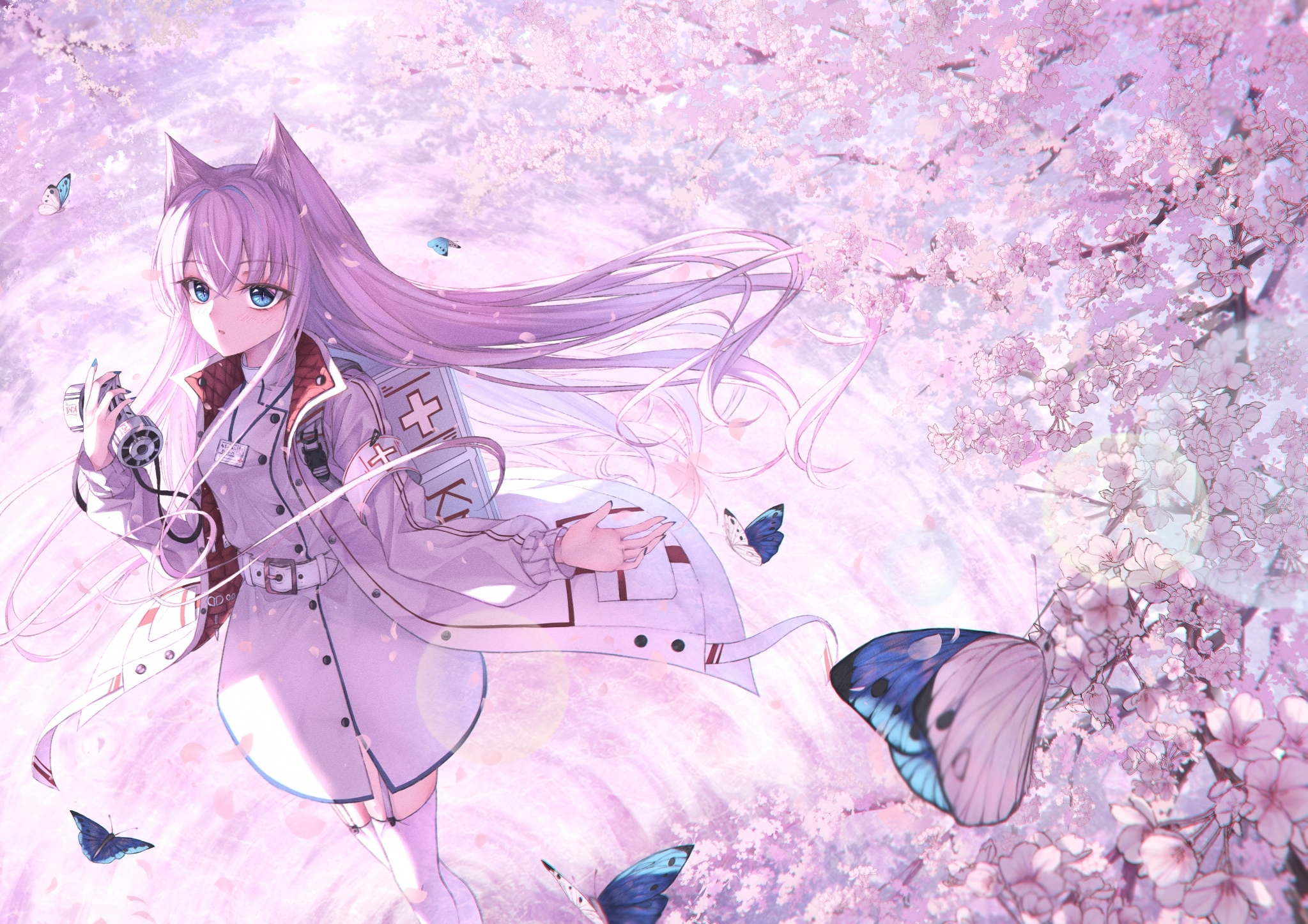 2050x1450 Wallpaper Cute Anime Girl, Cherry Blossom, Animal Ears, Uniform, Pink Hair, Mask:, Desktop