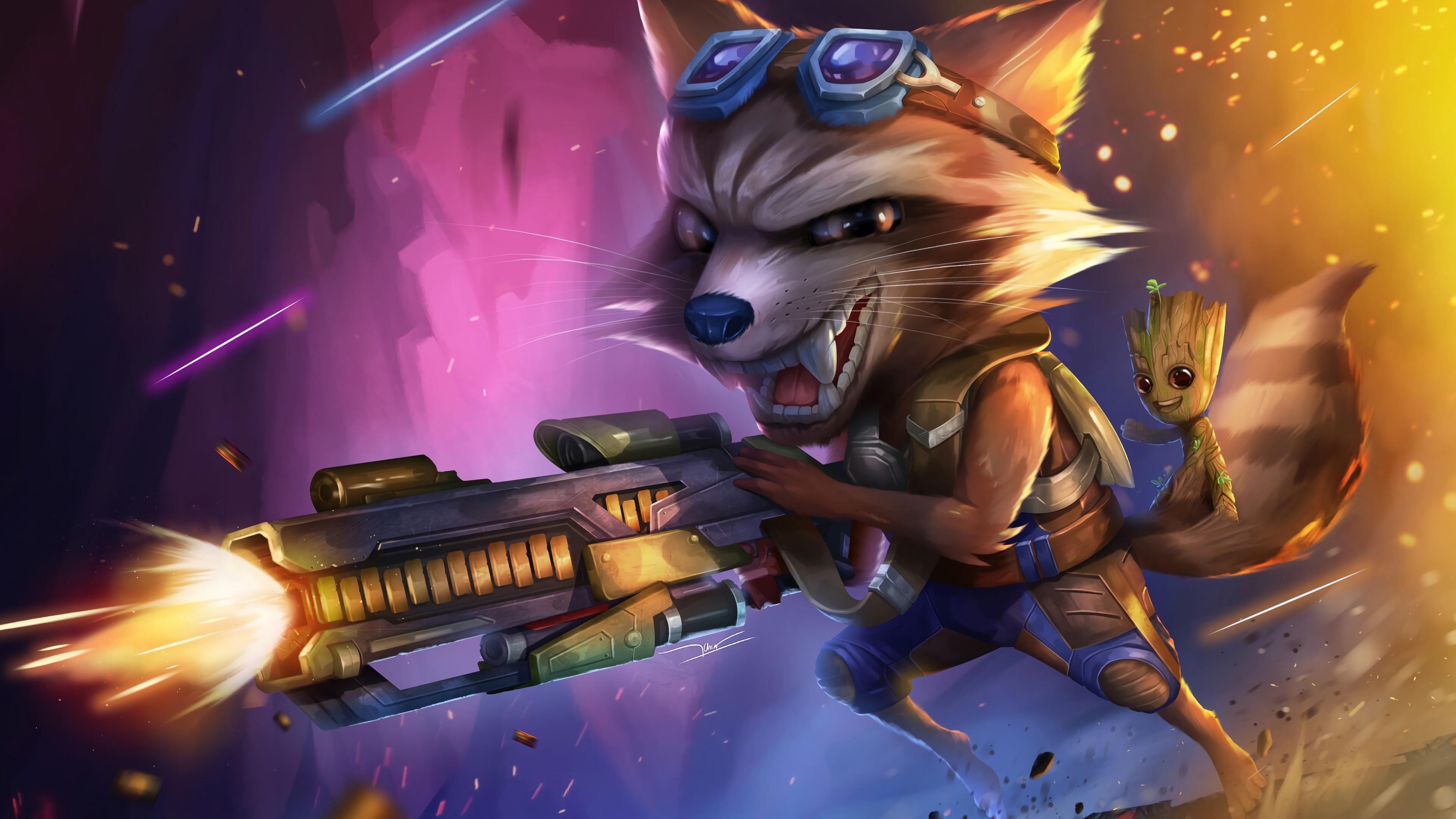 3840x2160 Wallpaper 4k Rocket Raccoon With Baby Groot Wallpaper, Desktop