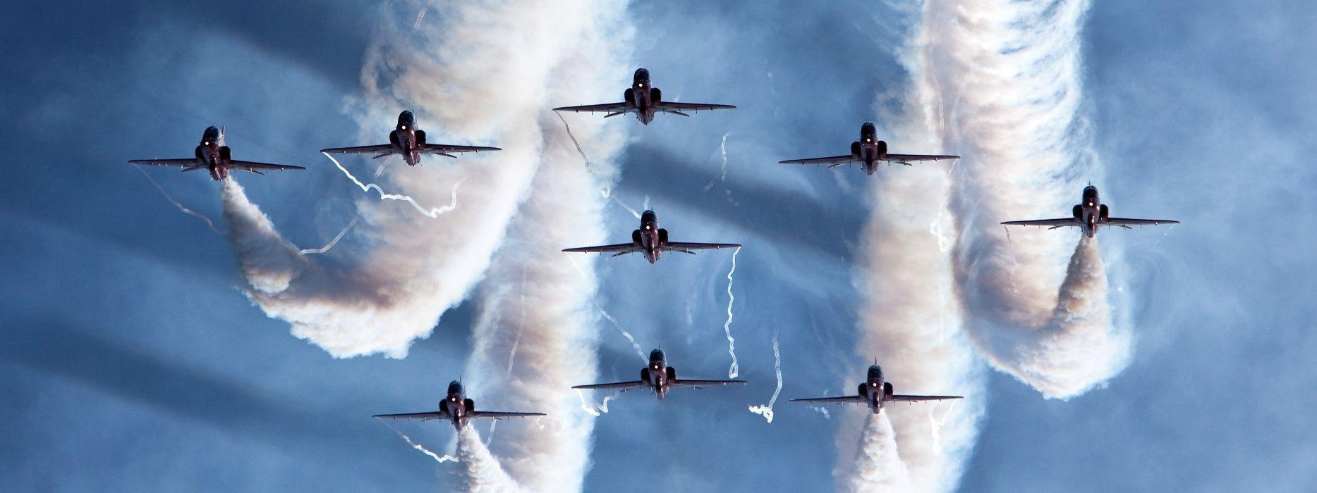 1870x700 Aircraft airplanes aerobatics smoke jets military fighters wallpaper, Dual Screen