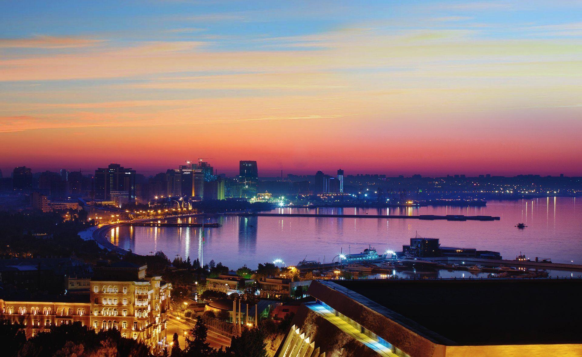 1920x1180 sunrise sky town sea baku HD wallpaper, Desktop