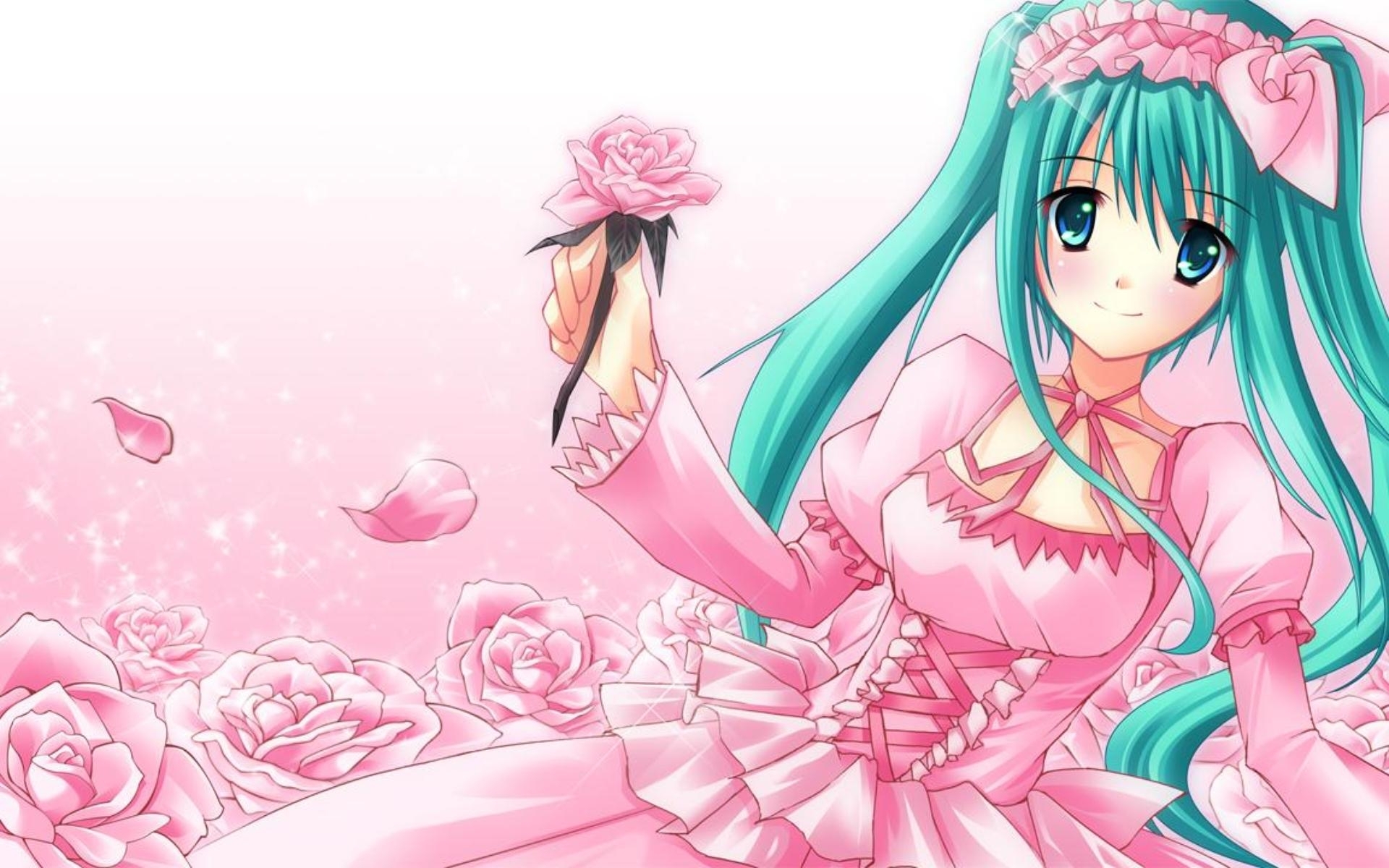 1920x1200 Wallpaper, illustration, anime, cartoon, flower, cute, girl, smile, mangaka, hatsune miku pink, Desktop