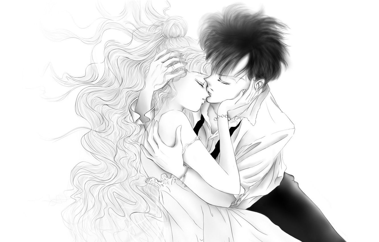 1340x850 Wallpaper mood, tenderness, kiss, minimalism, anime, sketch, art, Desktop