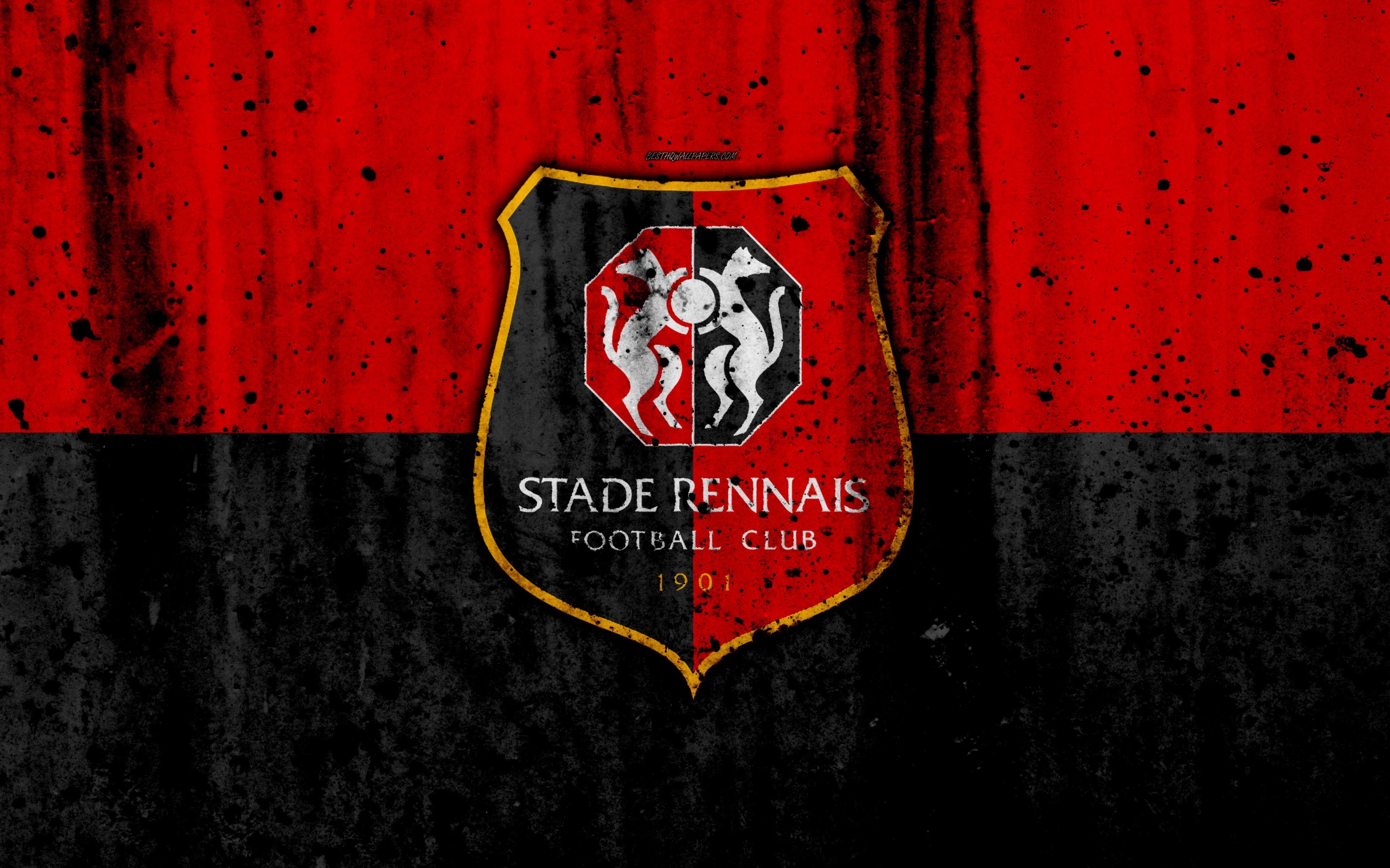 3840x2400 Download wallpaper FC Rennes, 4k, logo, Ligue stone texture, Desktop