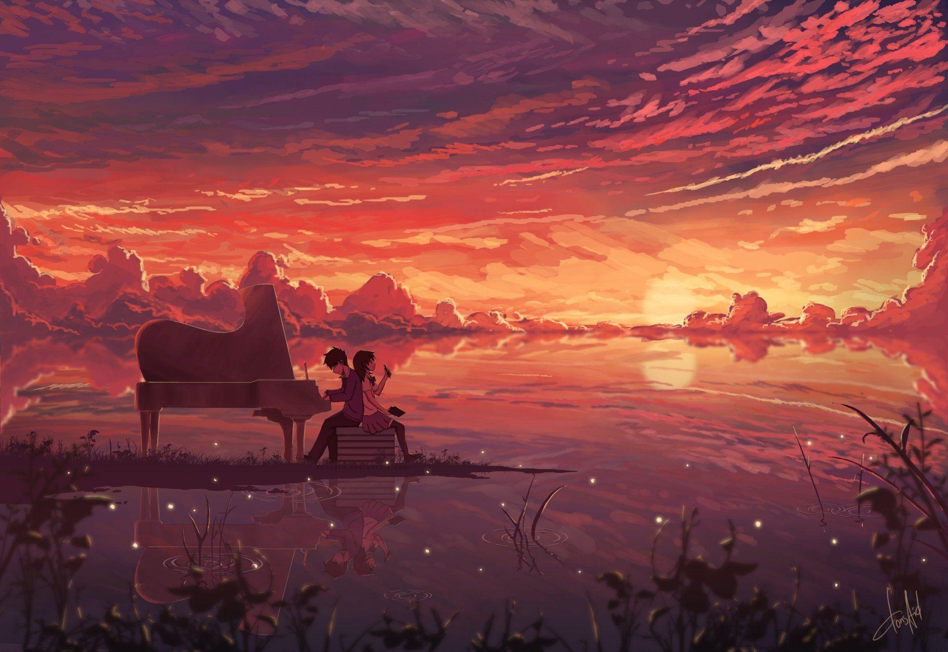 1920x1320 Anime Original Piano Girl Boy Sunset Sky Cloud Headphones Anime, Desktop