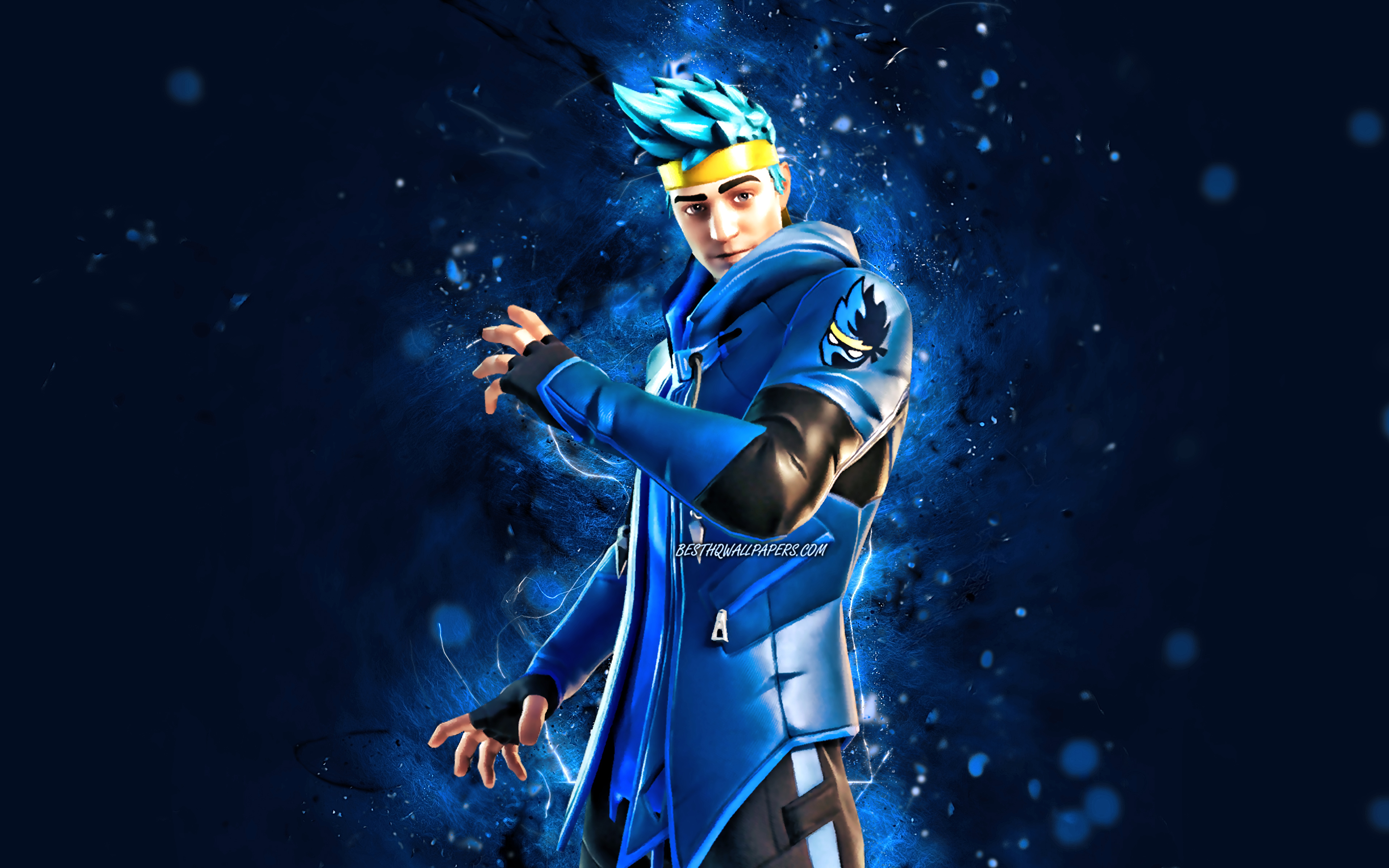 3840x2400 Download wallpaper Ninja, 4k, blue neon lights, Fortnite Battle Royale, Fortnite characters, Ninja Skin, Fortnite, Ninja Fortnite for desktop with resolution. High Quality HD picture wallpaper, Desktop