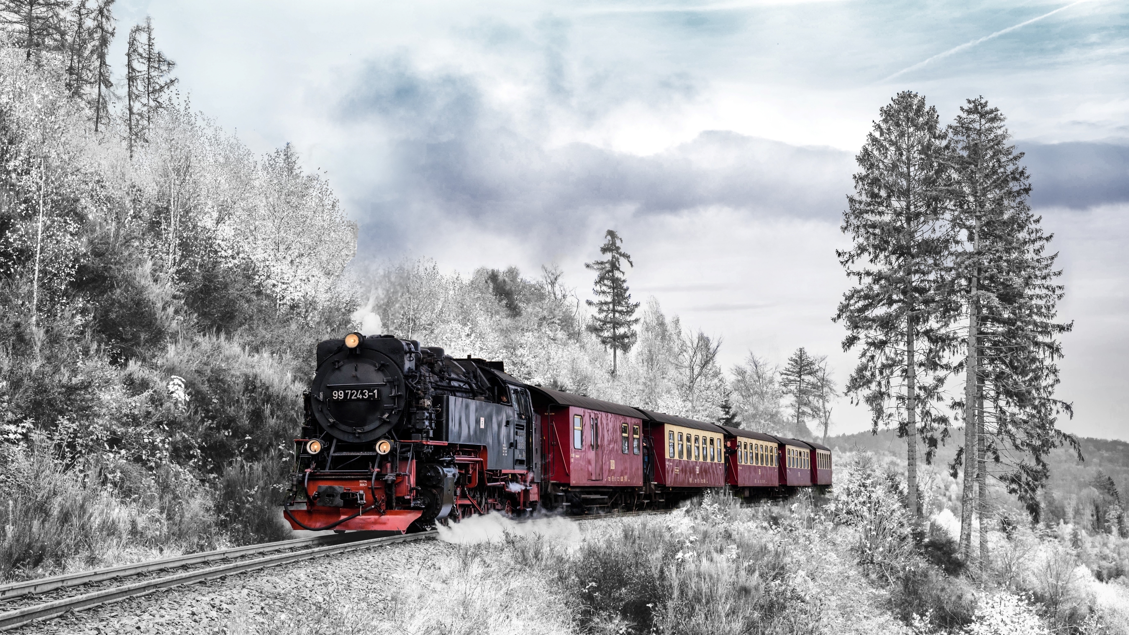 3840x2160 Red Train in a Snowy Forest, Desktop