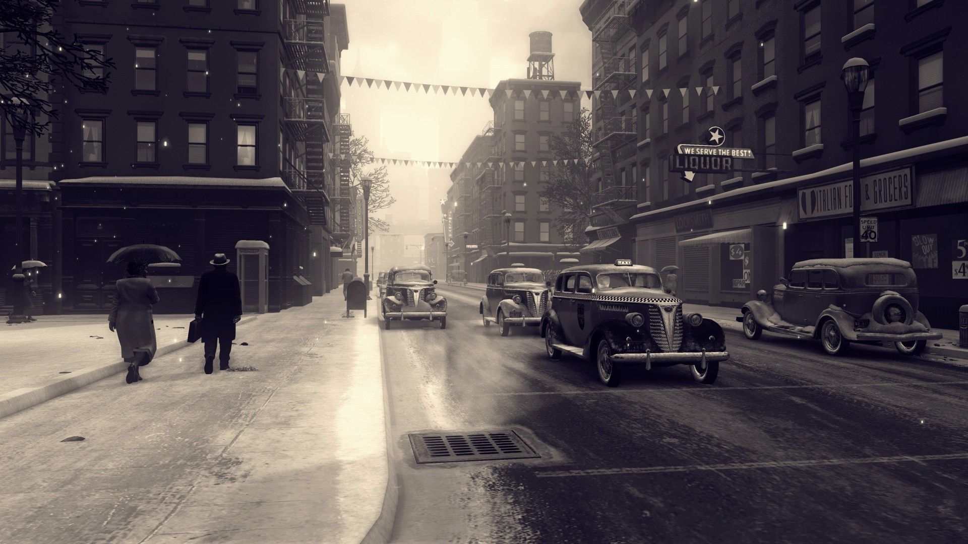 1920x1080 General  monochrome video games Mafia II car vintage classic car street city building rain path pe. Grayscale, Black and white wallpaper, Futuristic city, Desktop