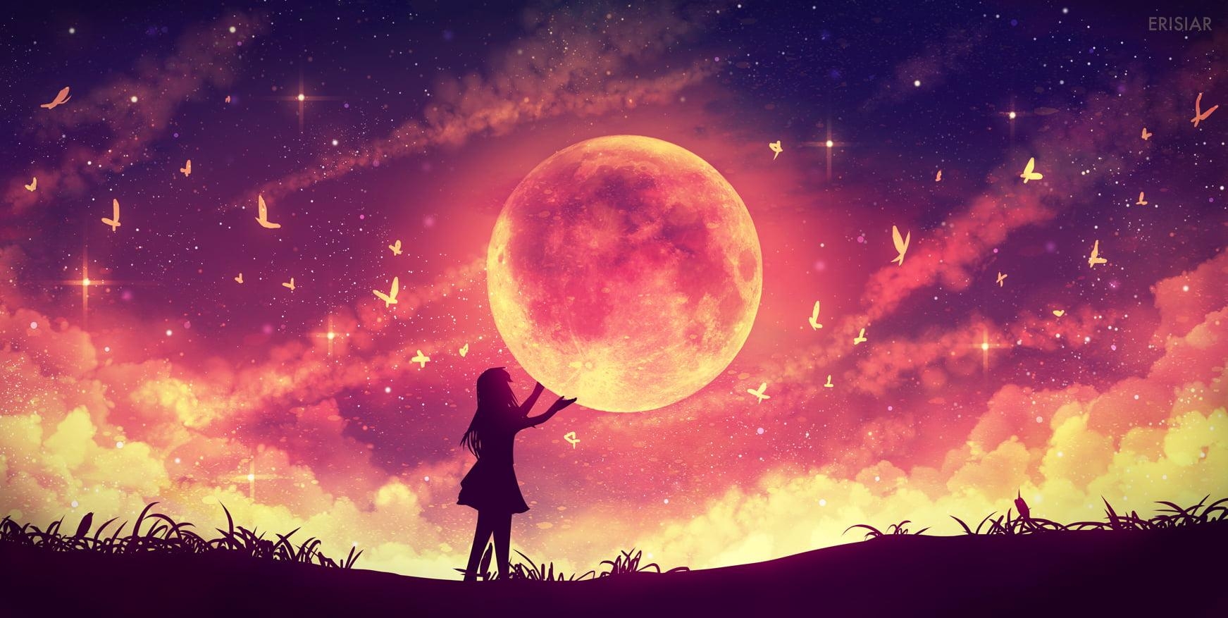 1750x880 Girl holding moon anime character, anime, Moon, anime girls HD wallpaper, Desktop