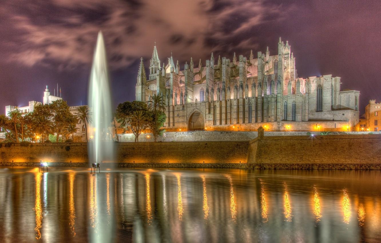 1340x850 Wallpaper wall, Cathedral, fountain, Spain, promenade, pond, Spain, Desktop