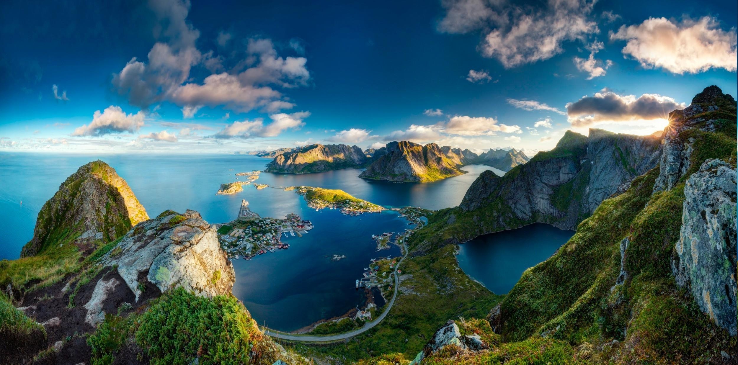 2500x1240 Sun Mountain Landscape Sea Nature Norway Wallpaper, Dual Screen