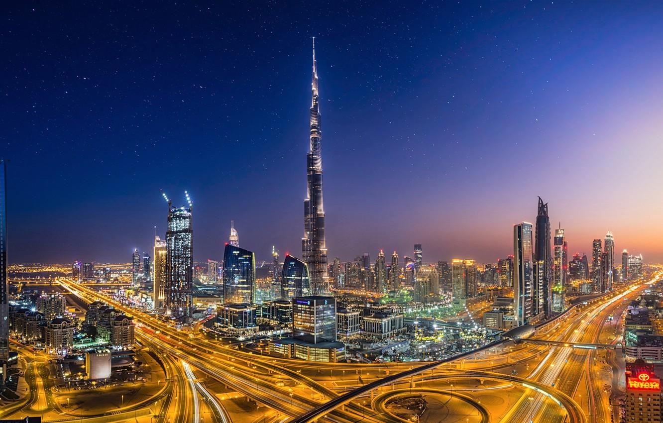 1340x850 Wallpaper the city, lights, the evening, Dubai, Dubai, UAE, Burj, Desktop