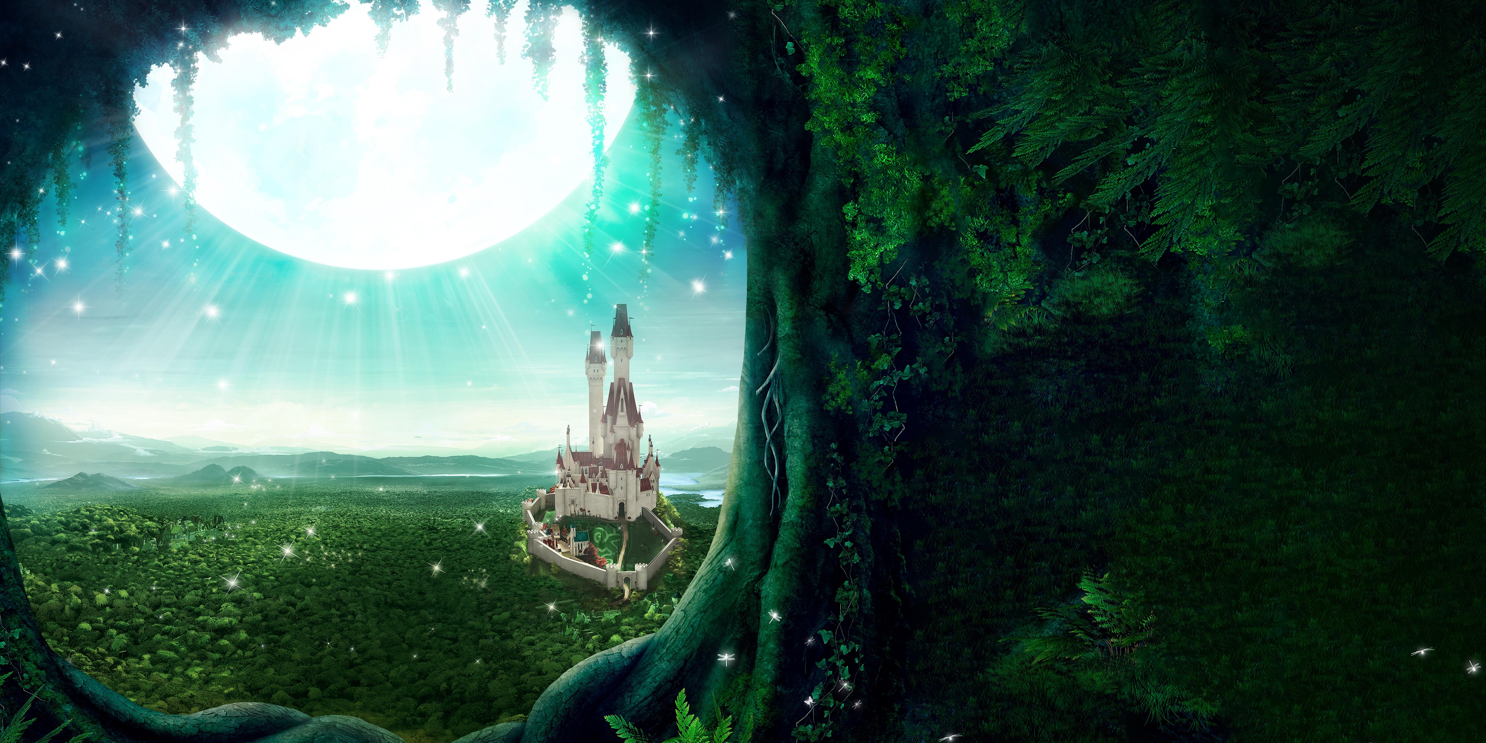 6000x3000 Wallpaper Moon, Tree, Castle, Fairy tale, Heaven, 5K, Fantasy, Dual Screen