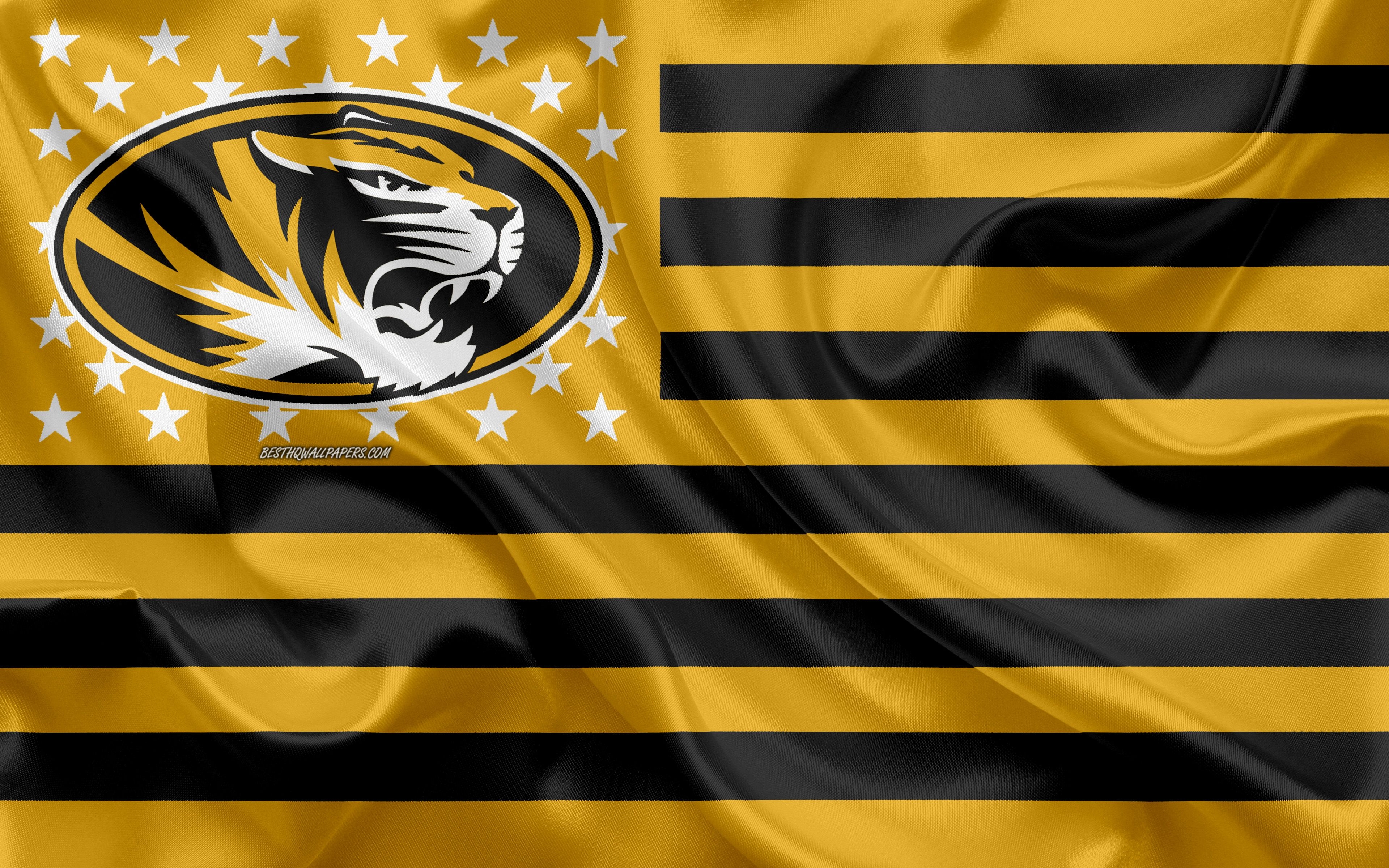 3840x2400 Download wallpaper Missouri Tigers, American football team, creative American flag, yellow black flag, NCAA, Columbia, Missouri, USA, Missouri Tigers logo, emblem, silk flag, American football for desktop with resolution. High Quality, Desktop