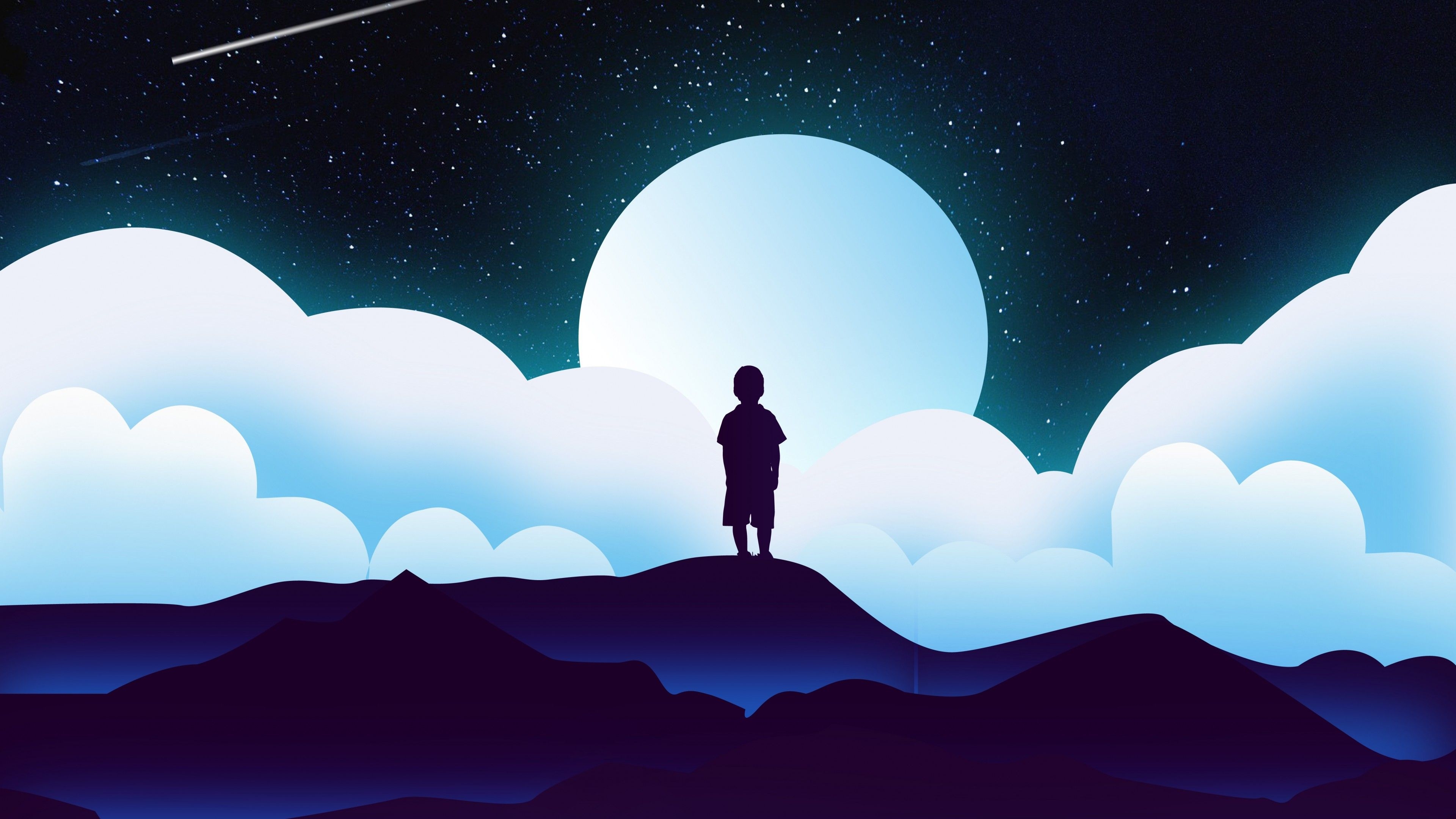 3840x2160 Boy 4K Wallpaper, Kid, Alone, Silhouette, Moon, Night, Clouds, Illustration, Starry sky, 5K, Fantasy, Desktop