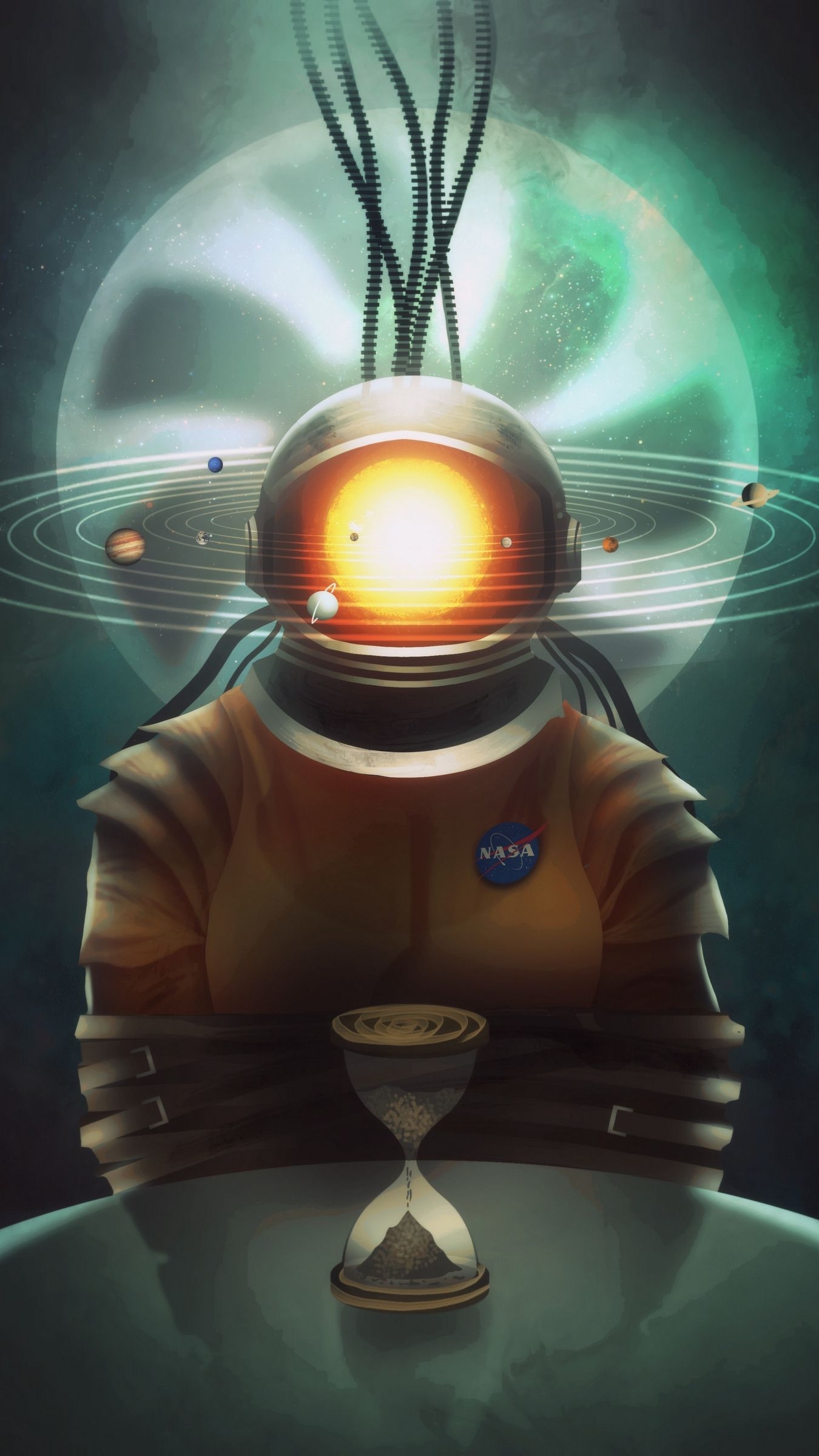 1350x2400 Wallpaper Cosmonaut, Space, Art, Solar System, Hourglass, Phone