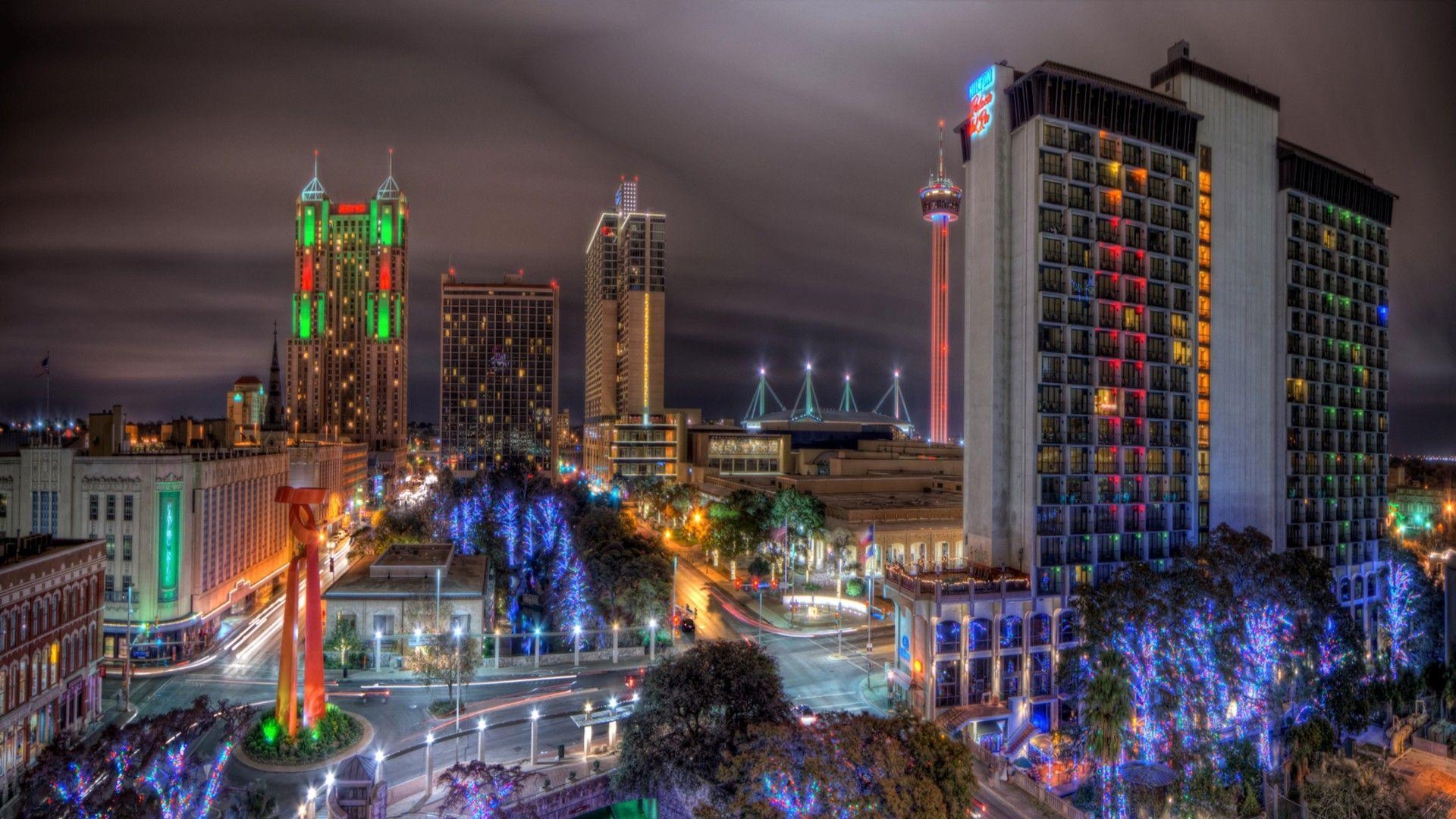 1920x1080 Other: Colorful Lights San Antonio Night Texas Hotel Streets, Desktop