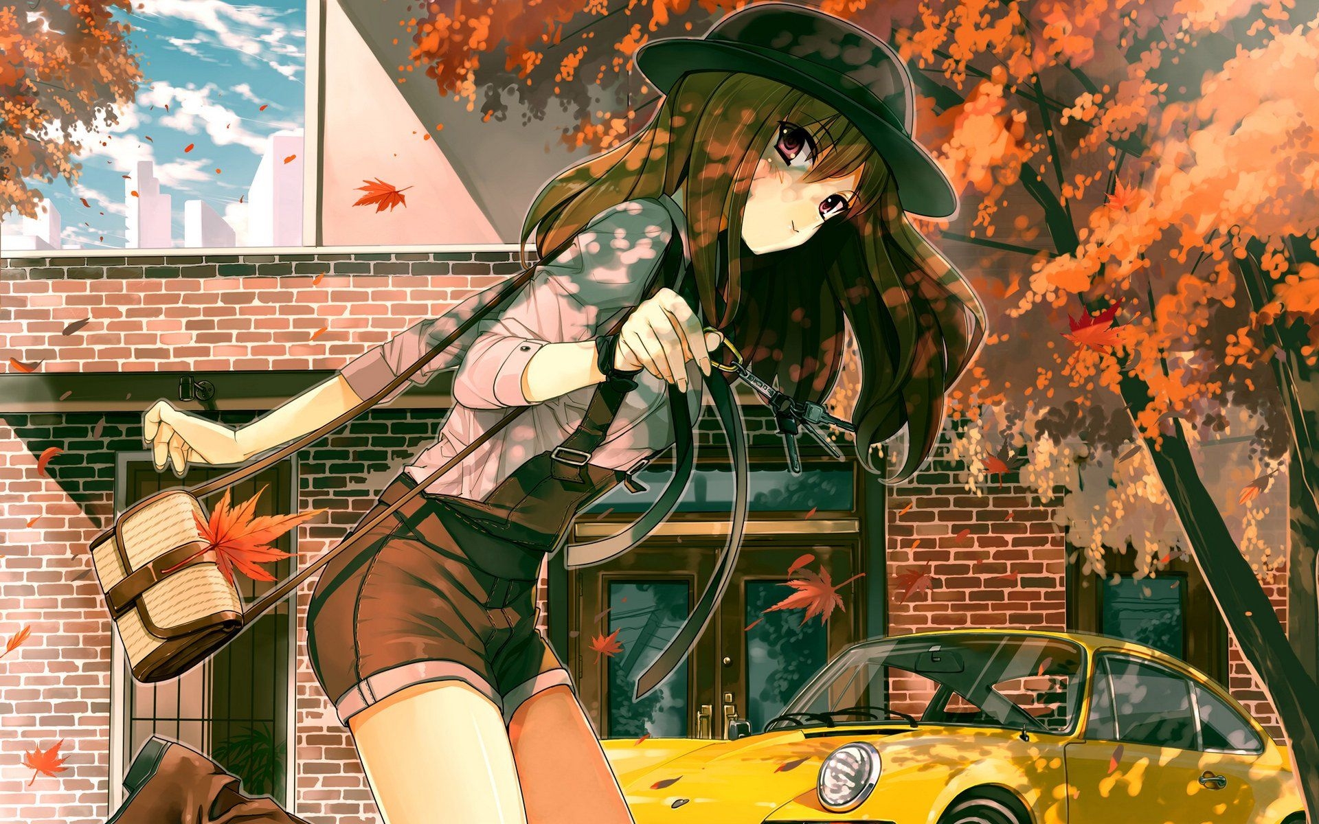 1920x1200 Autumn girl anime yellow car tree sunlight wallpaperx1200, Desktop