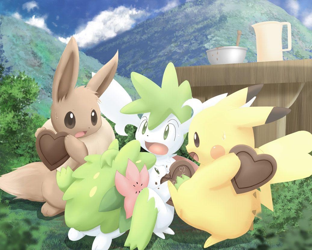 1040x830 Pikachu, Eevee, Shaymin, Shaymin Form by Pemyu, Pixiv Id, Desktop