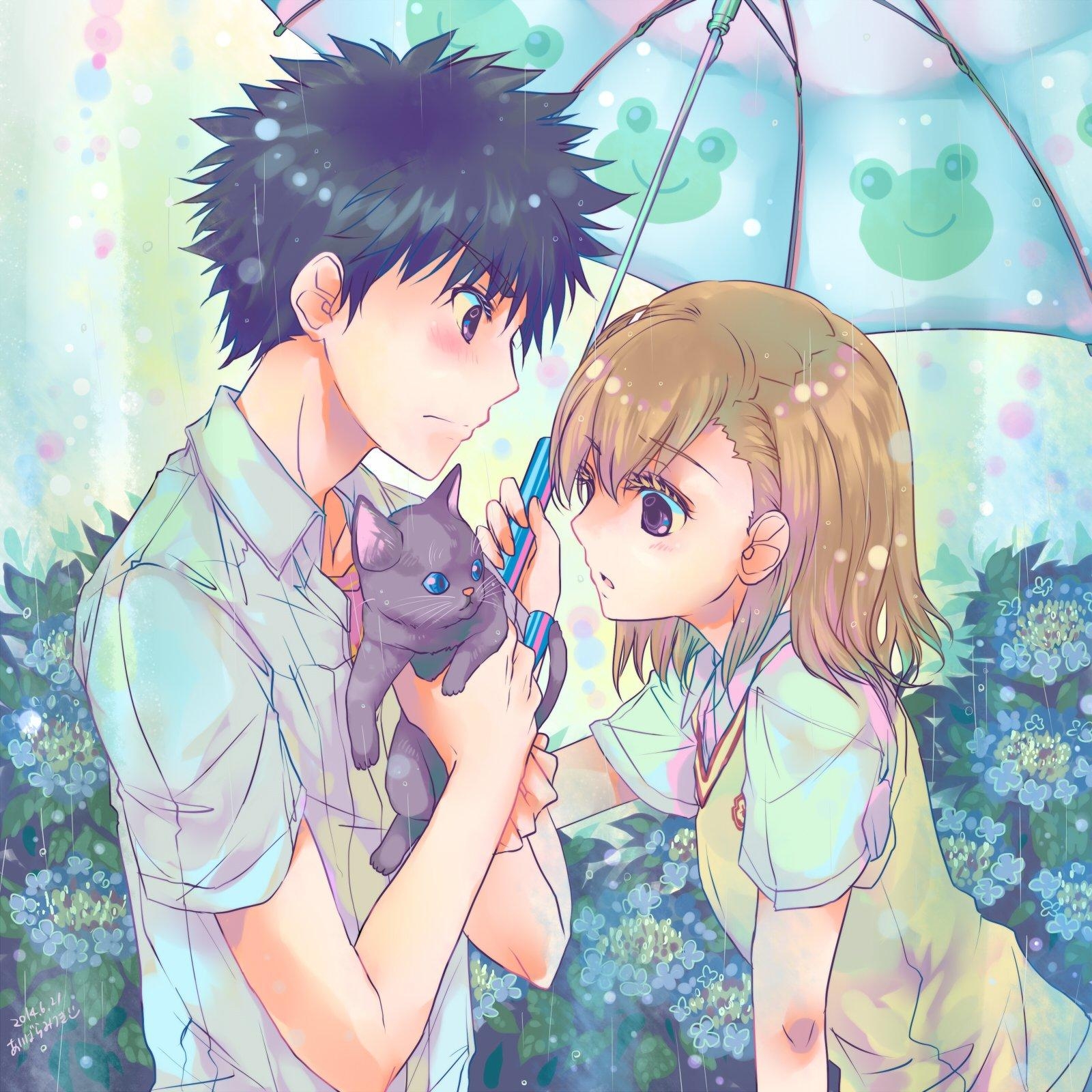 1600x1600 umbrella, Anime, Couple, Cat, Cute, Girl, Boy, Rain, Love, Phone