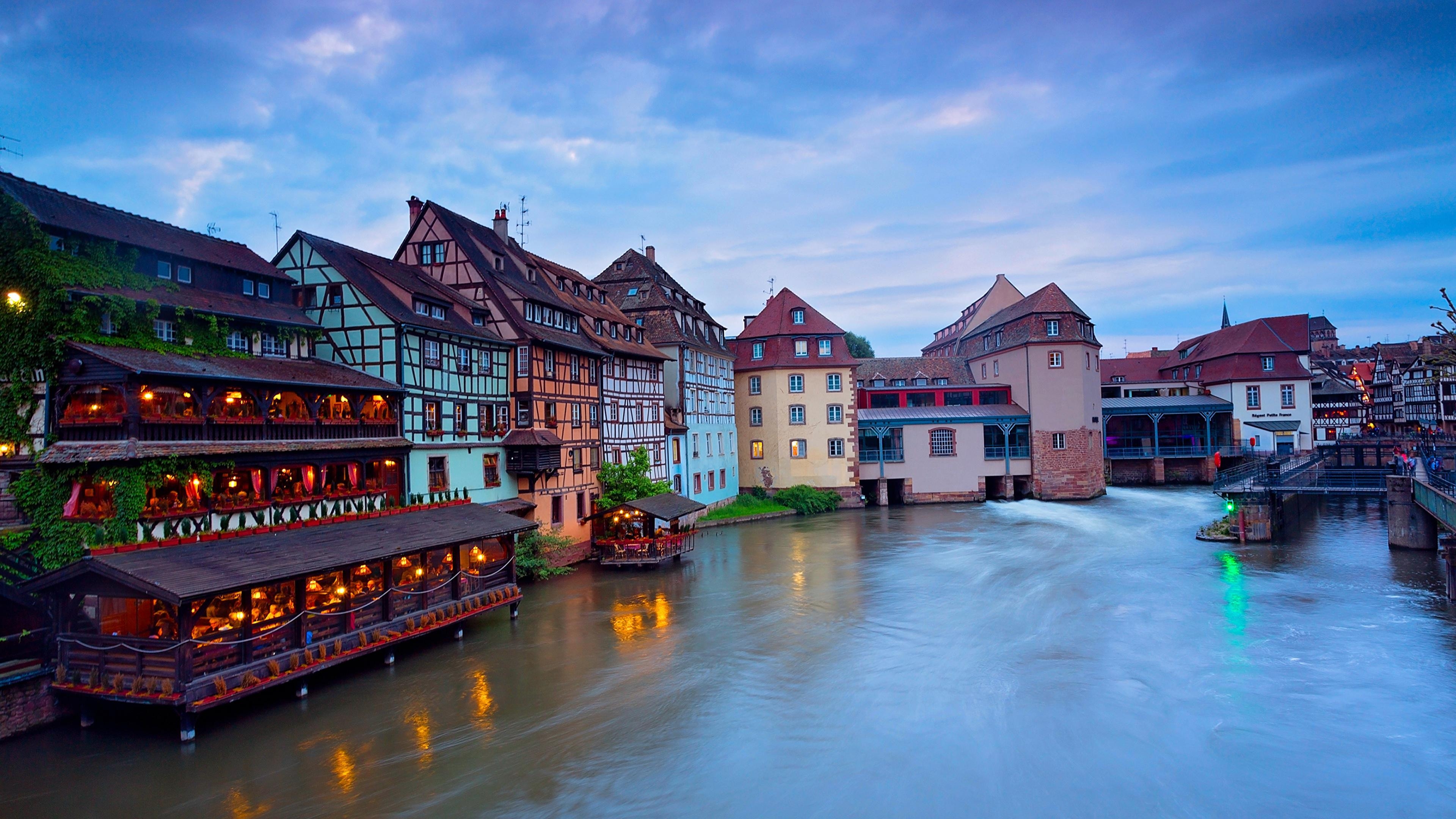 3840x2160 image Cities France Rivers Evening Houses Strasbourg, Desktop