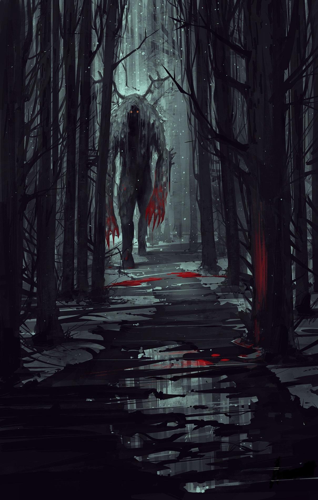 1210x1900 Desktop Wallpaper monster Blood path Fantasy night time Trees, Phone